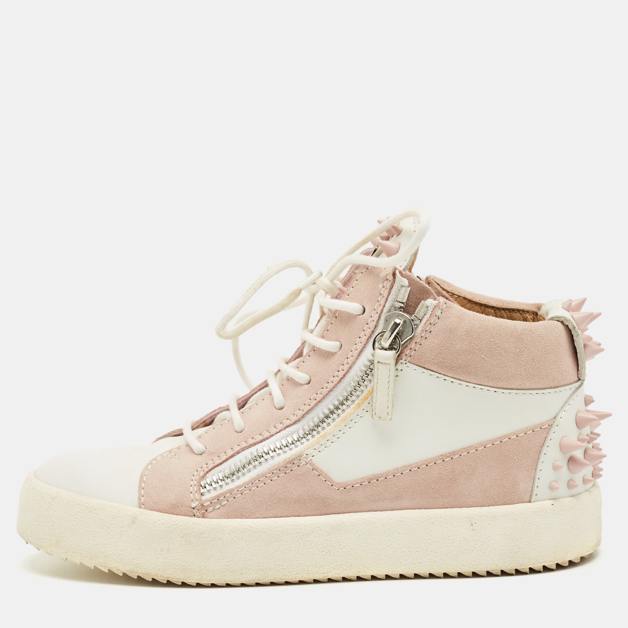 Giuseppe Zanotti Pink/White Suede and Leather Double Zipper High Top Sneakers Size 37