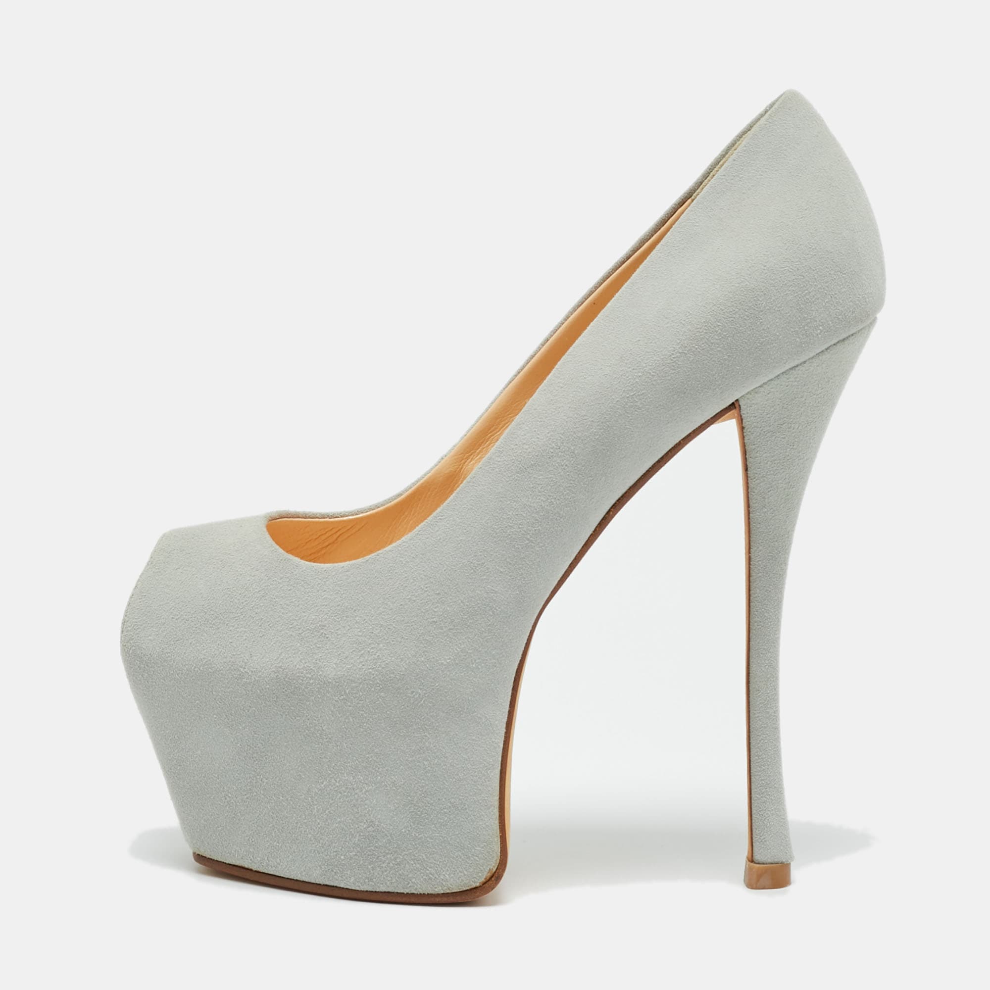 Guisuppe Zanotti Grey Suede Liza Peep Toe Platform Pumps Size 36