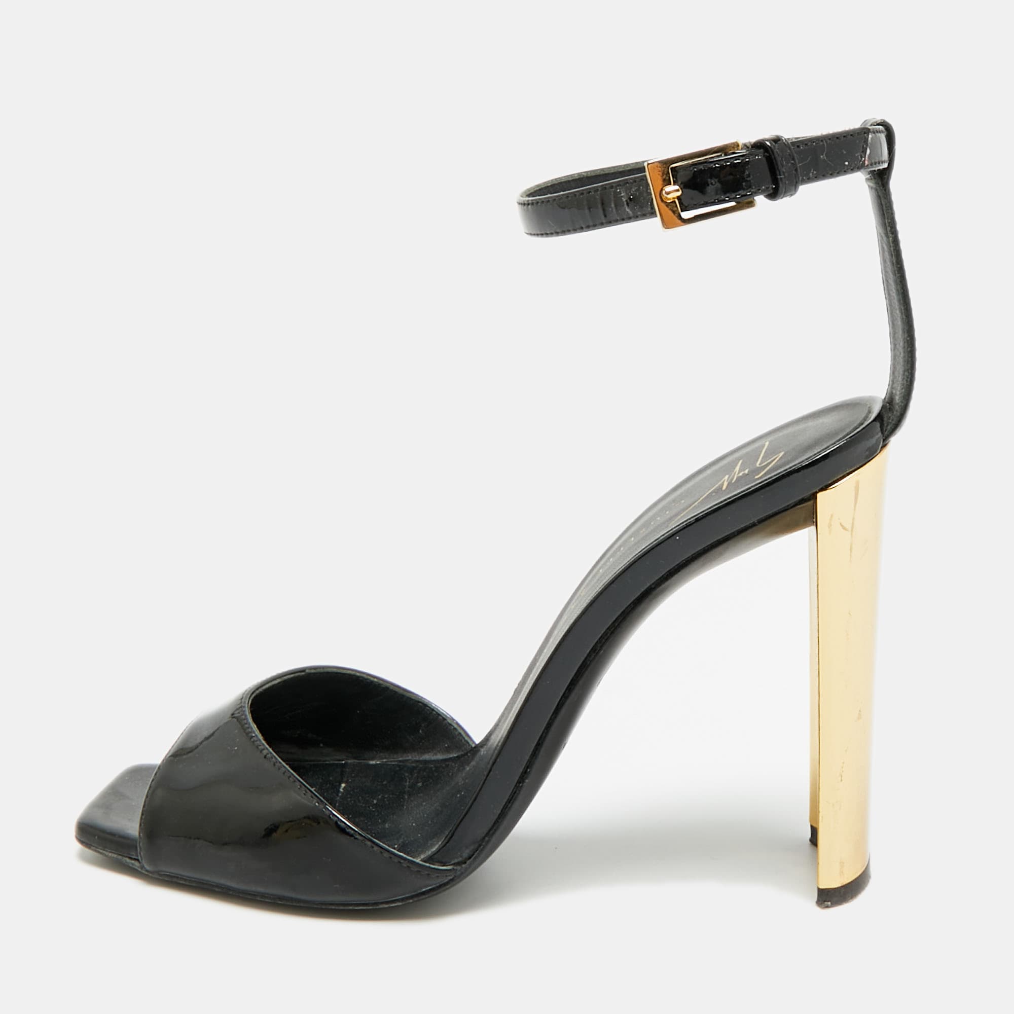 Giuseppe Zanotti Size 36 Black/Gold Patent Leather Ankle Strap Sandals