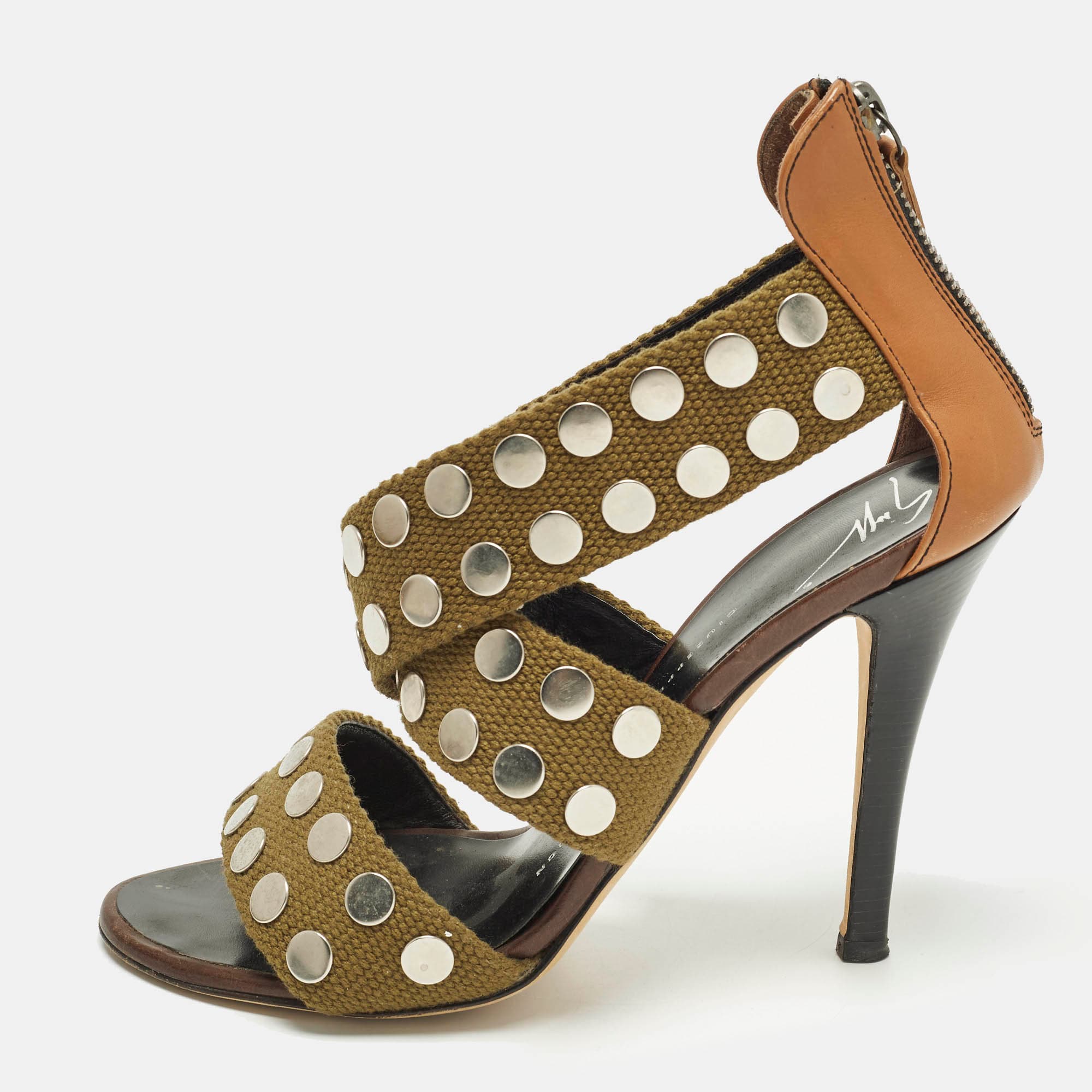 Giuseppe Zanotti Size 36 Olive Green/Brown Canvas and Leather Studded Strappy Sandals