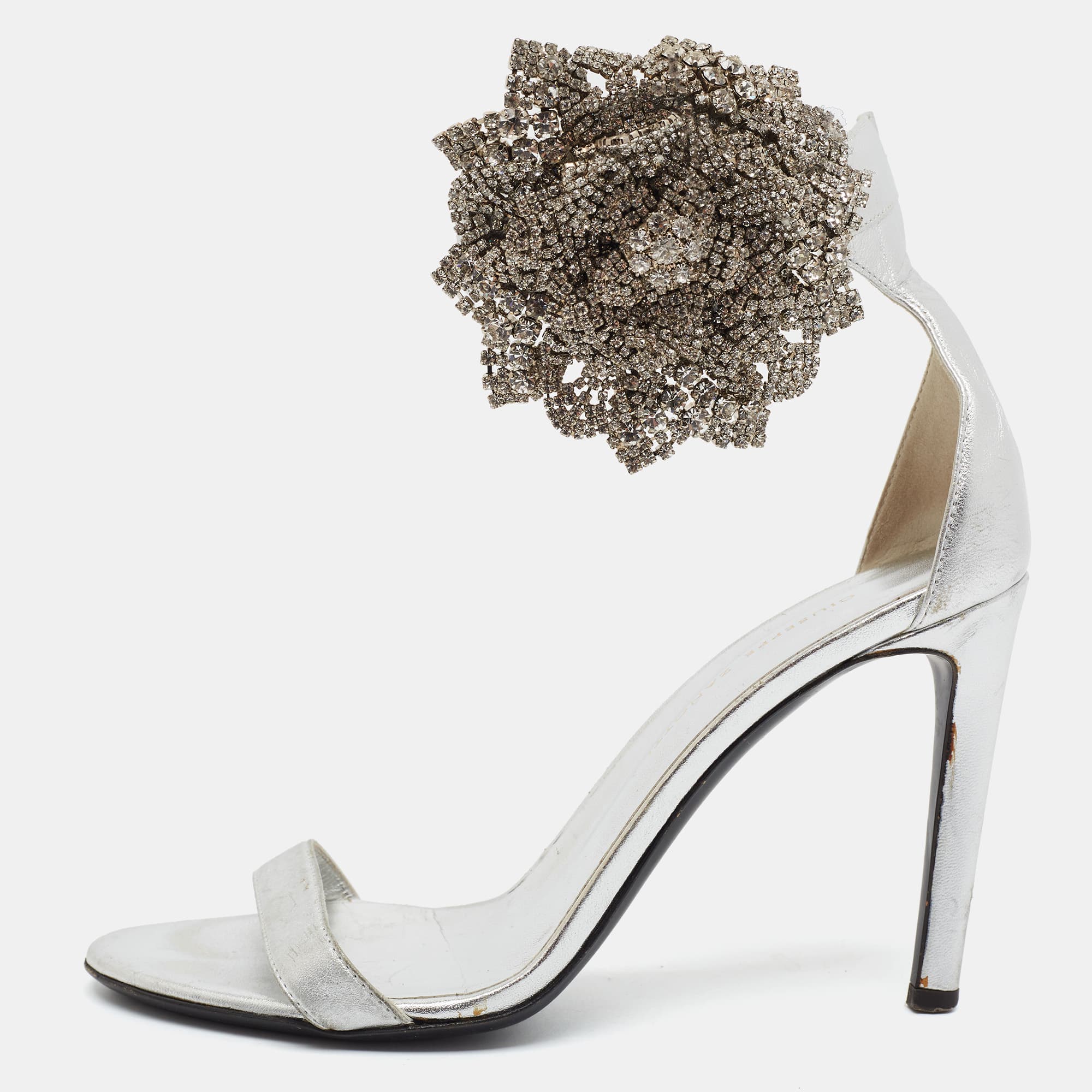 Giuseppe Zanotti Size 37.5 Silver Leather Crystal Embellished Ankle Strap Sandals