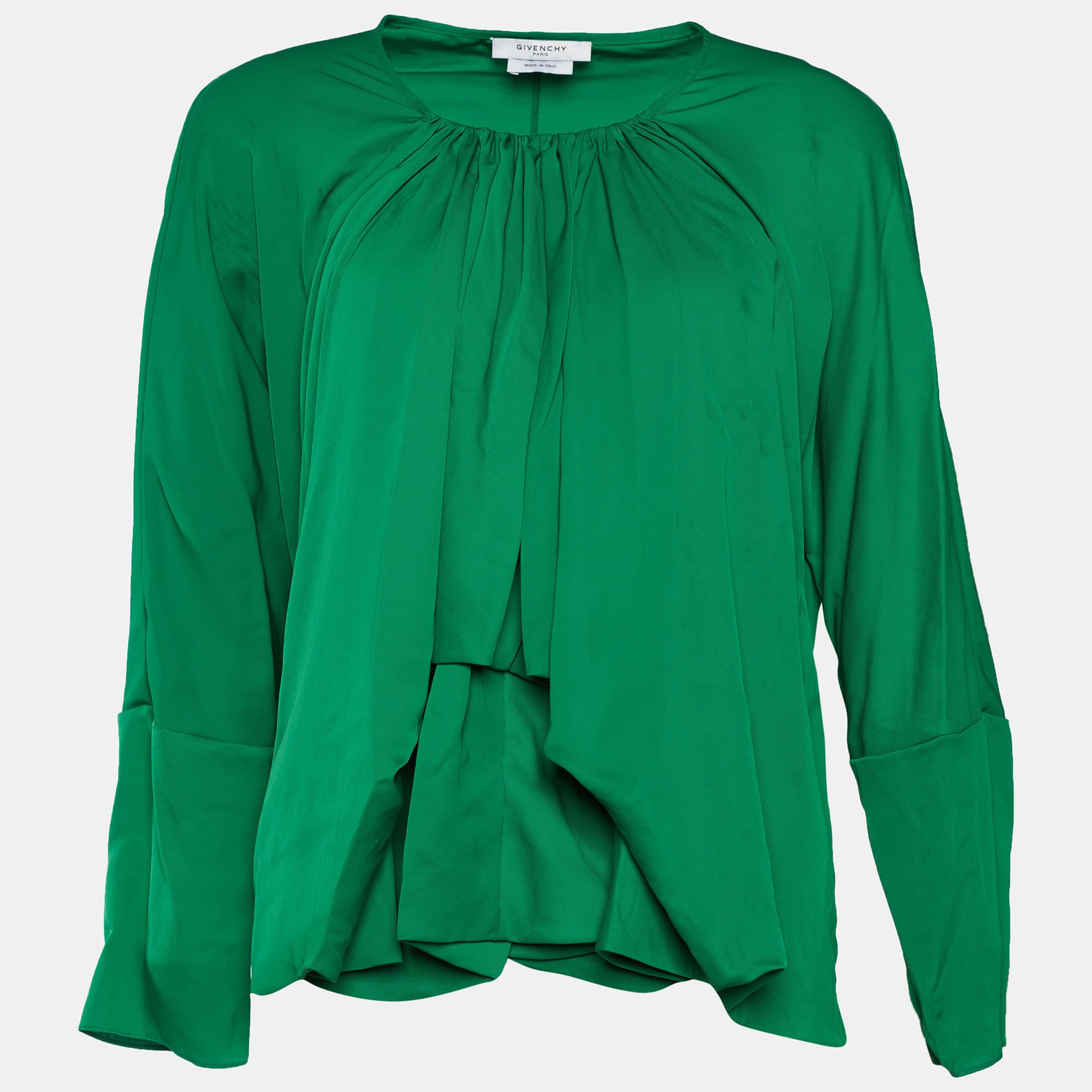 Givenchy Green Synthetic Draped Long Sleeve Blouse M