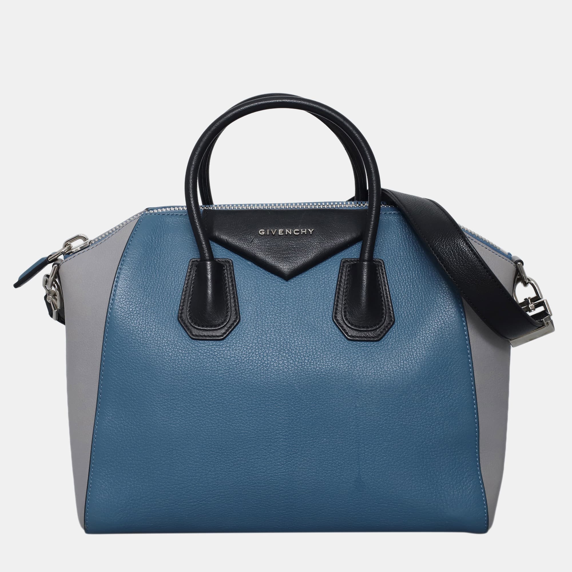 Givenchy Antigona Medium Blue Gray Black Grained Leather Satchel Bag