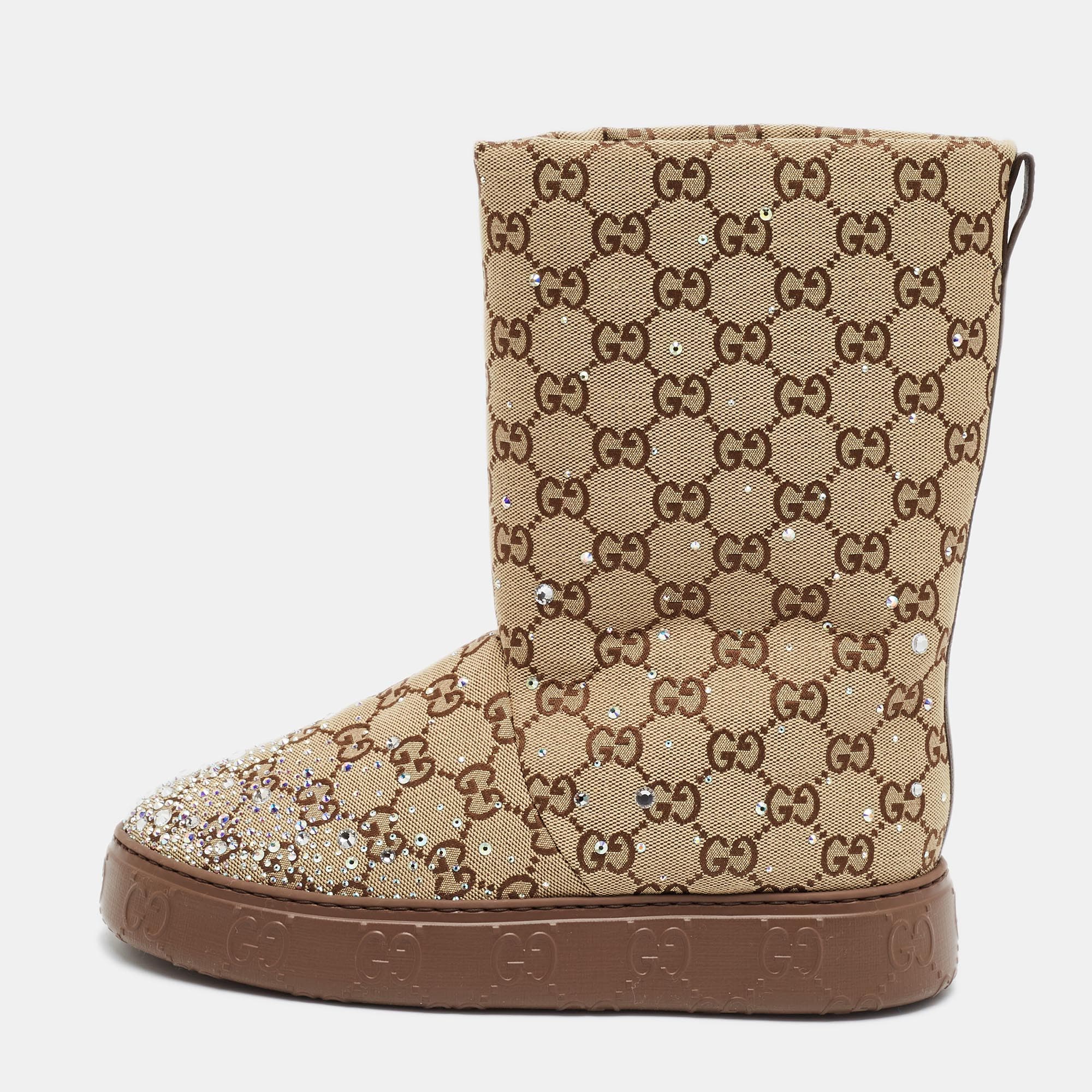 Gucci Size 38.5 Brown Microguccissima Canvas and Leather Crystal Embellished Snow Boots