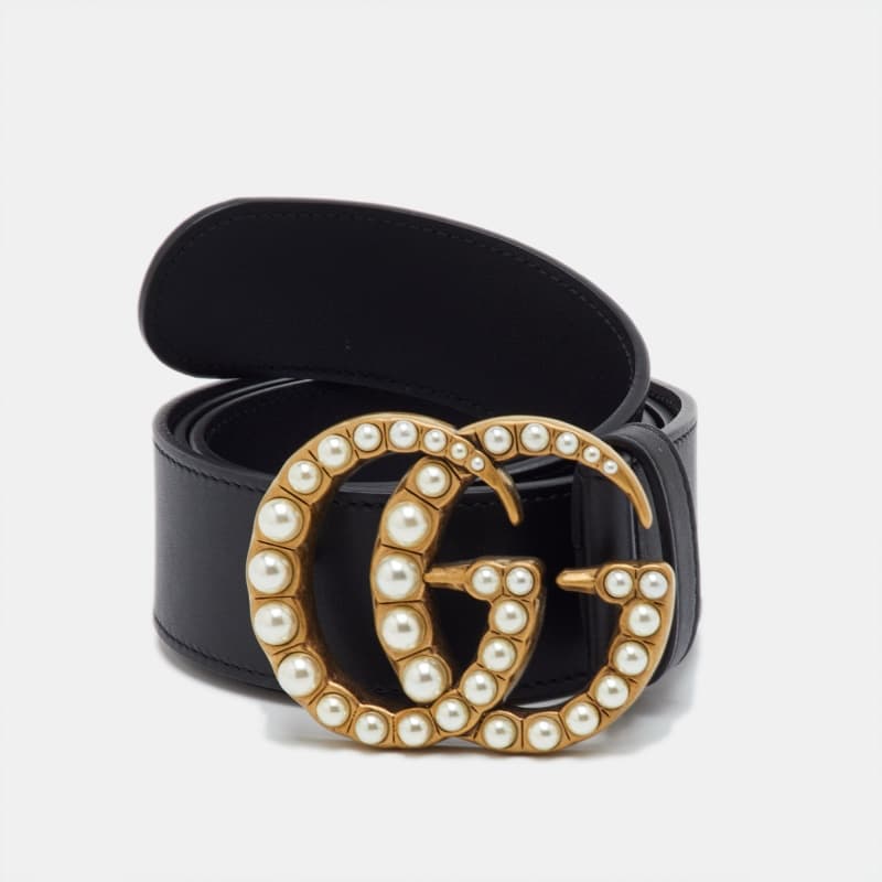 Gucci Black Leather Pearl Embellished GG Marmont Belt 95CM