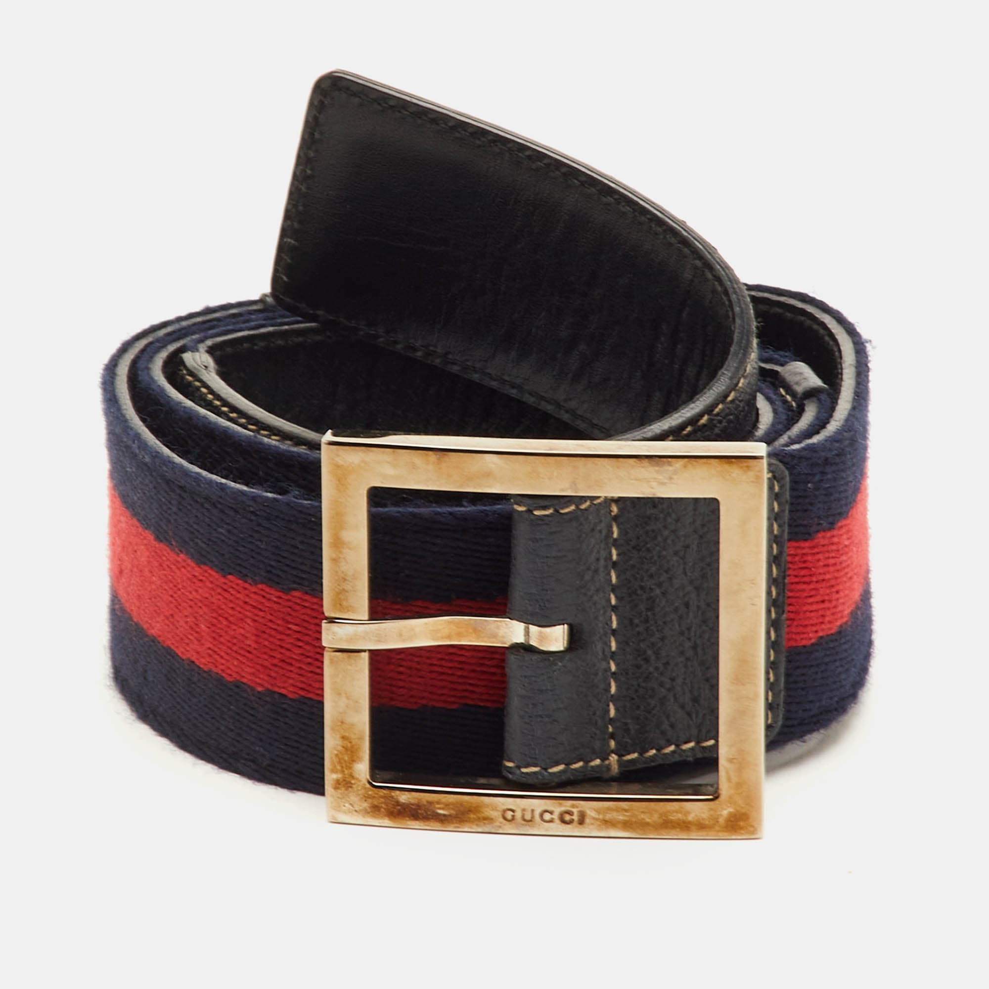 Gucci Navy Blue/Red Leather and Web Stripe Buckle Belt 85CM