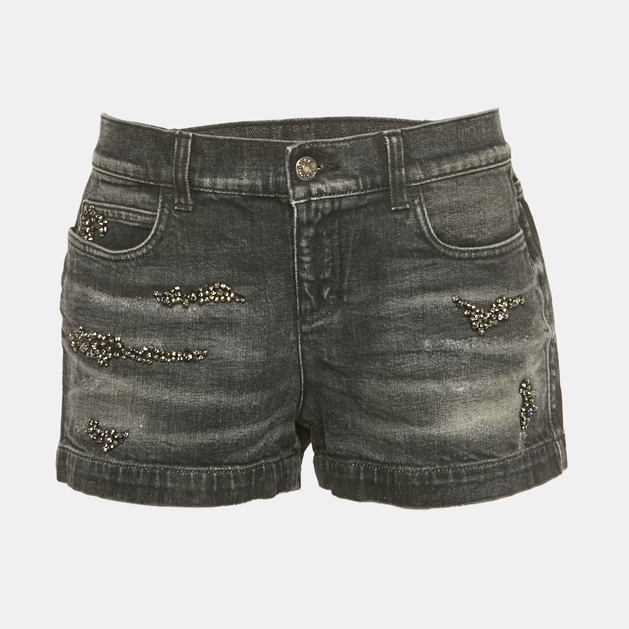 Gucci Black Washed Embellished Denim Shorts M Waist 30"