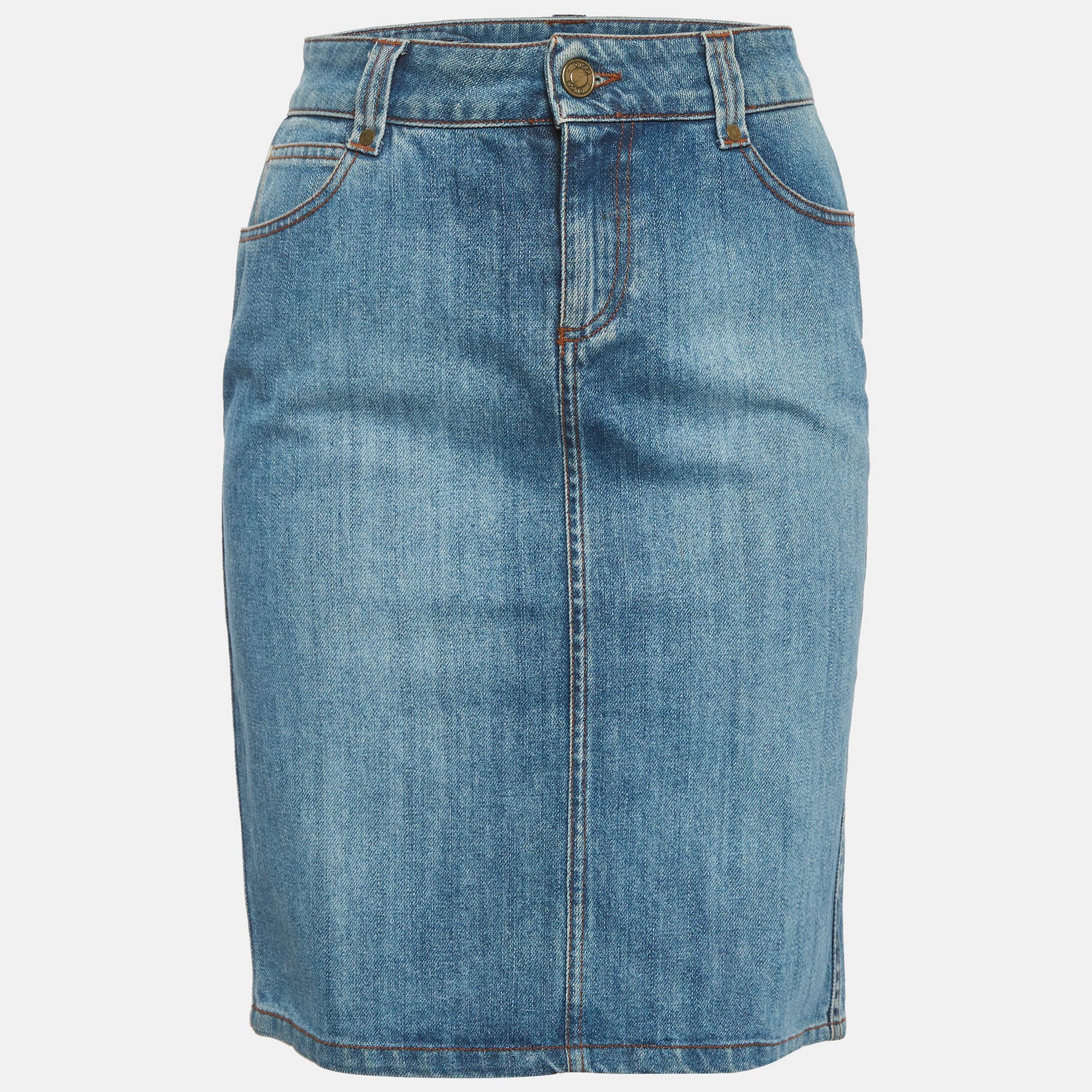 Gucci Blue GG Floral Embroidered Denim Pencil Skirt S