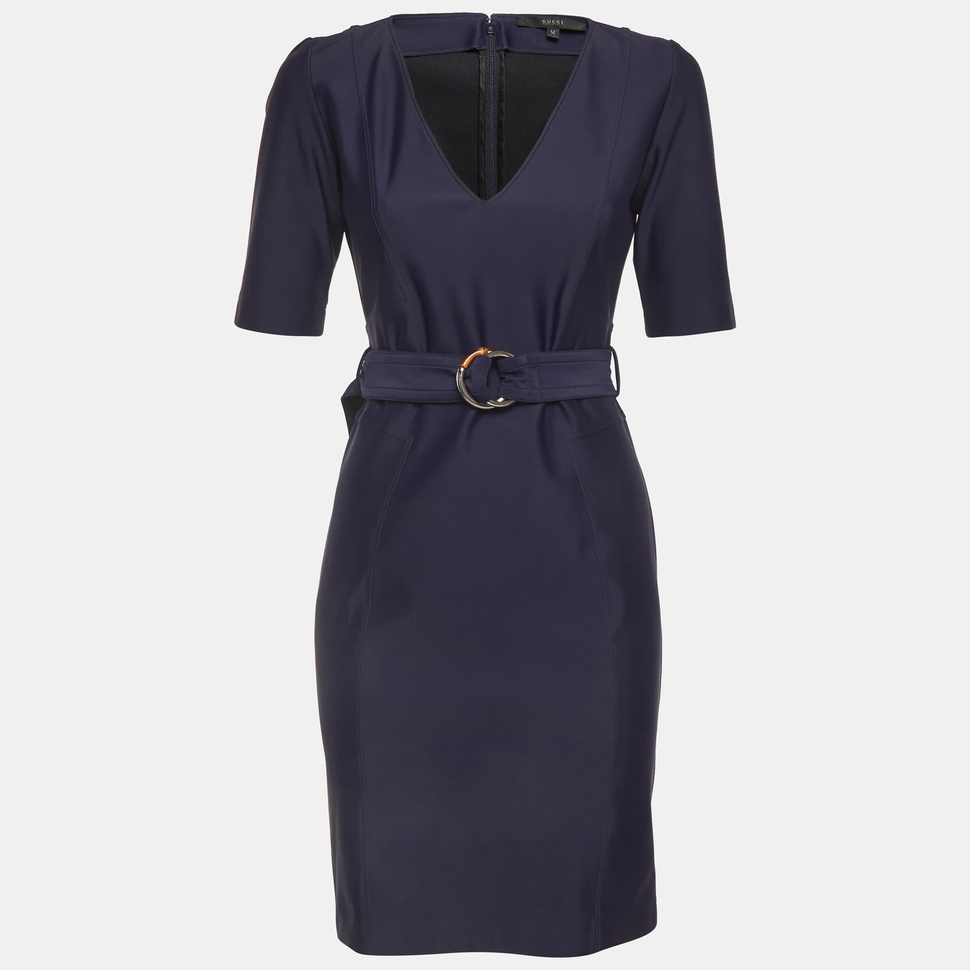Gucci Navy Blue Stretch Knit Belted Mini Dress M