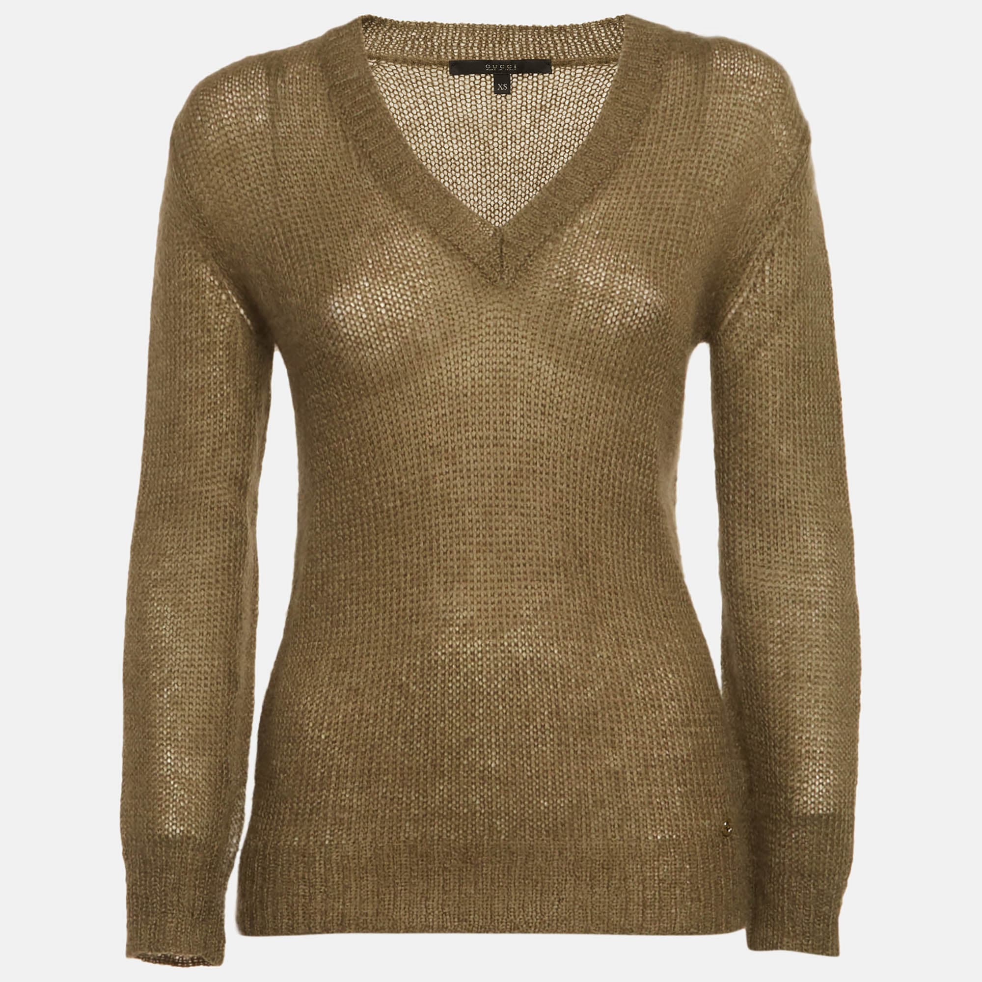 Gucci Olive Green Open Knit Mohair Sweater XS
