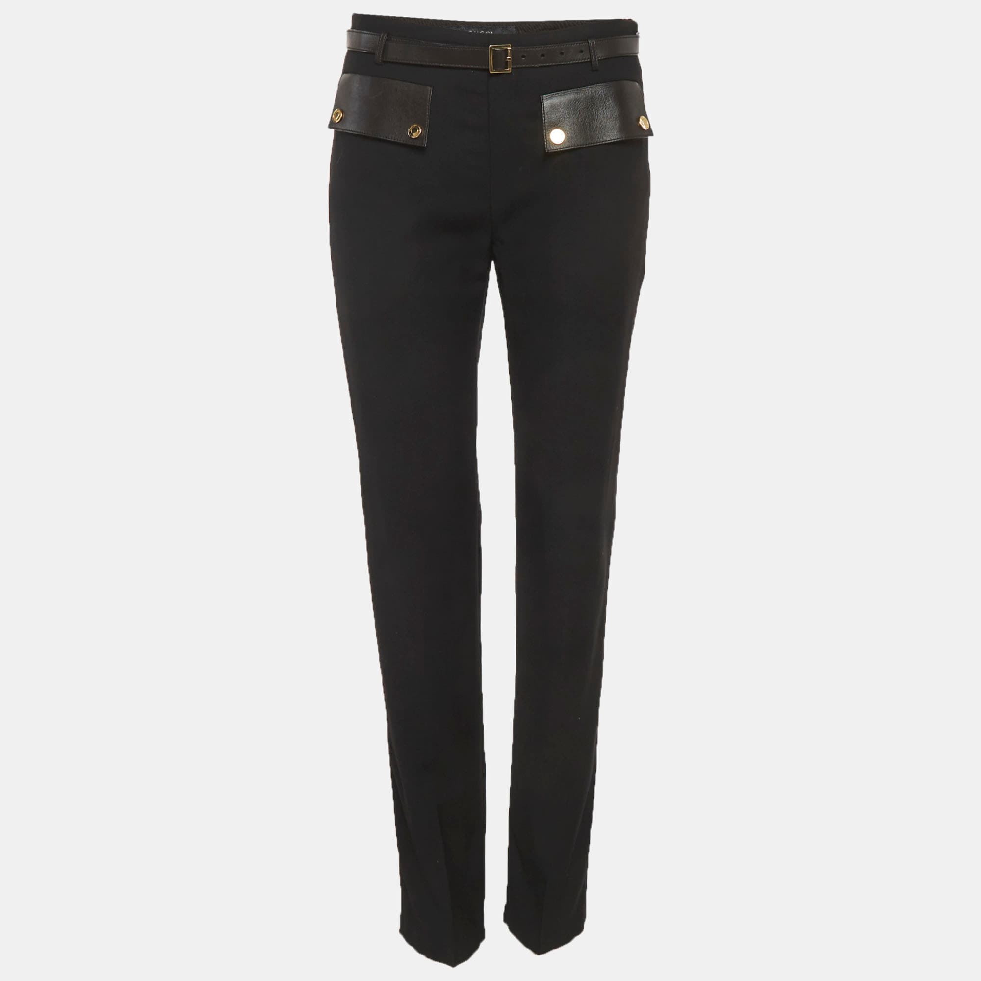 Gucci Black Leather Trim Wool Belted Trousers S