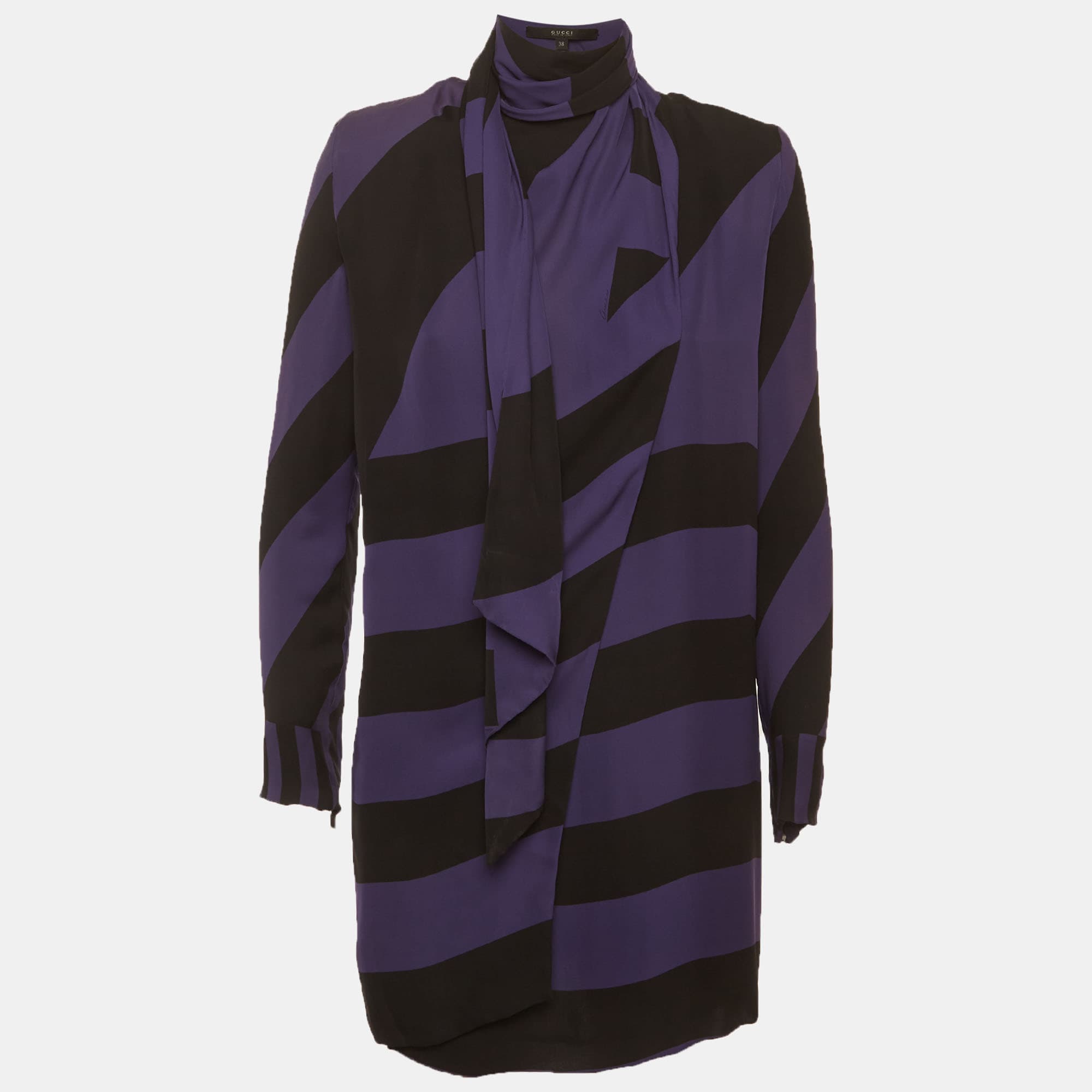 Gucci Purple/Black Striped Silk Blend Wrap Over Mini Dress S