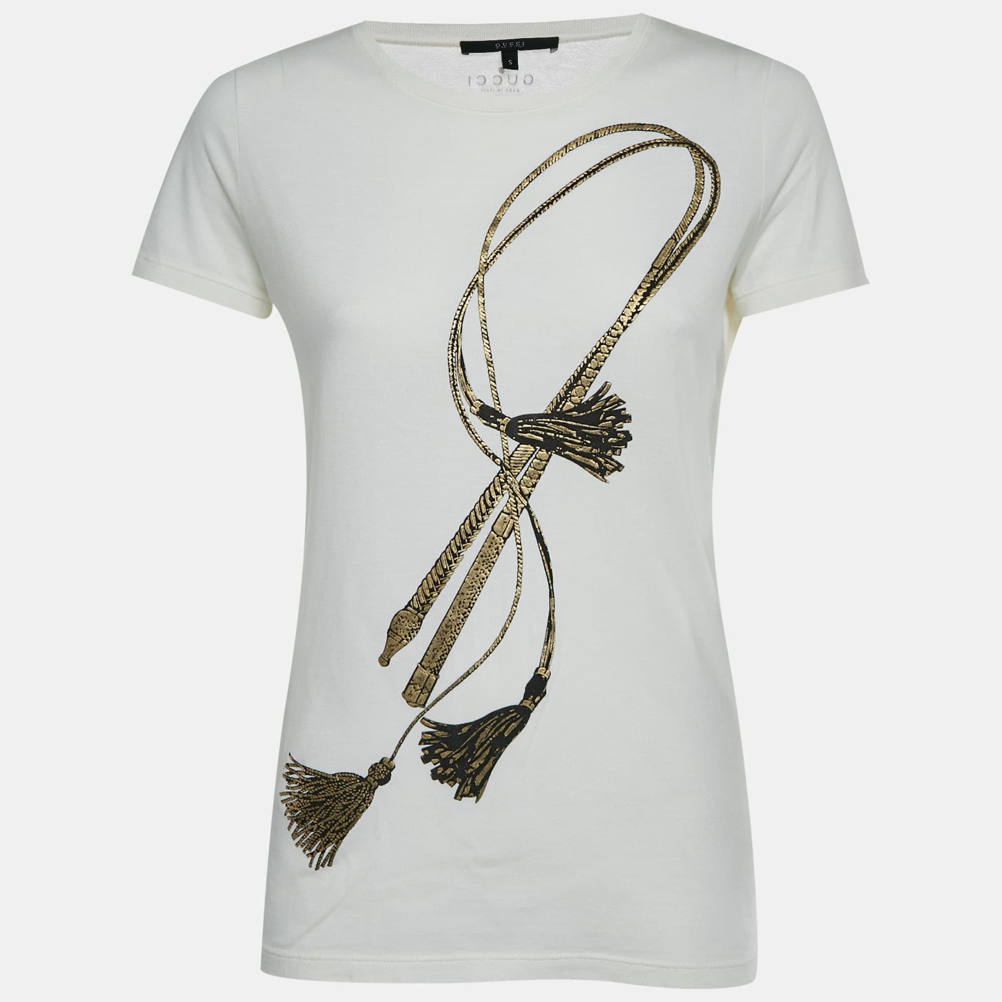 Gucci Off White Printed Cotton Knit Crewneck T-Shirt S