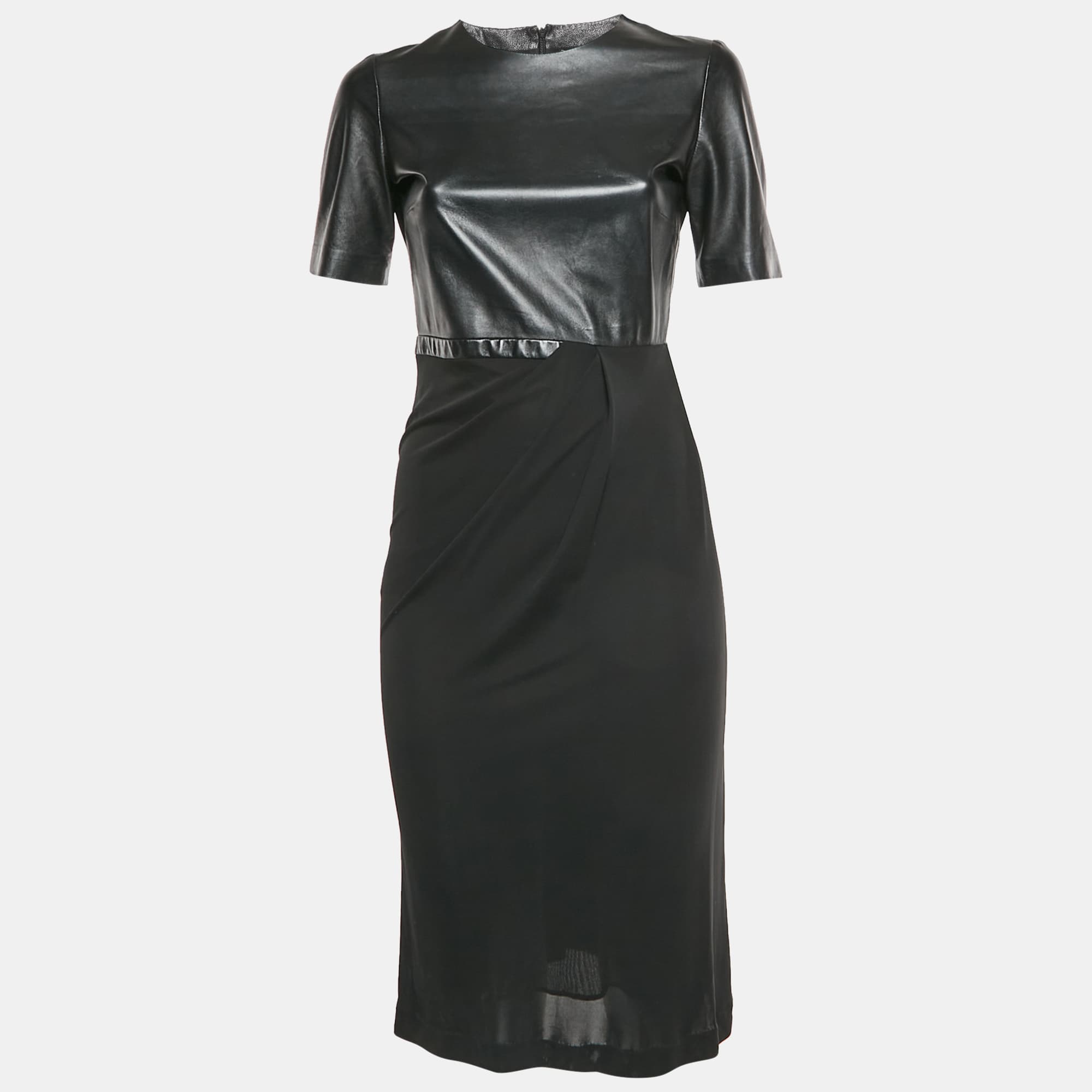 Gucci Black Leather and Jersey Knit Knee Length Dress S