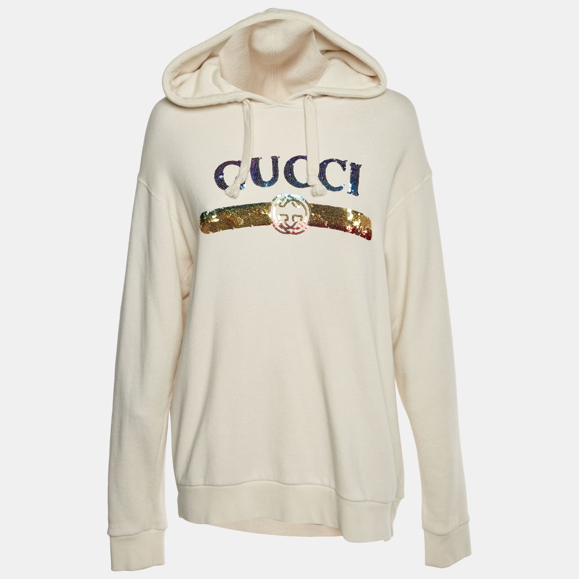 Gucci Cream Cotton Knit Logo Embellished Hoodie M
