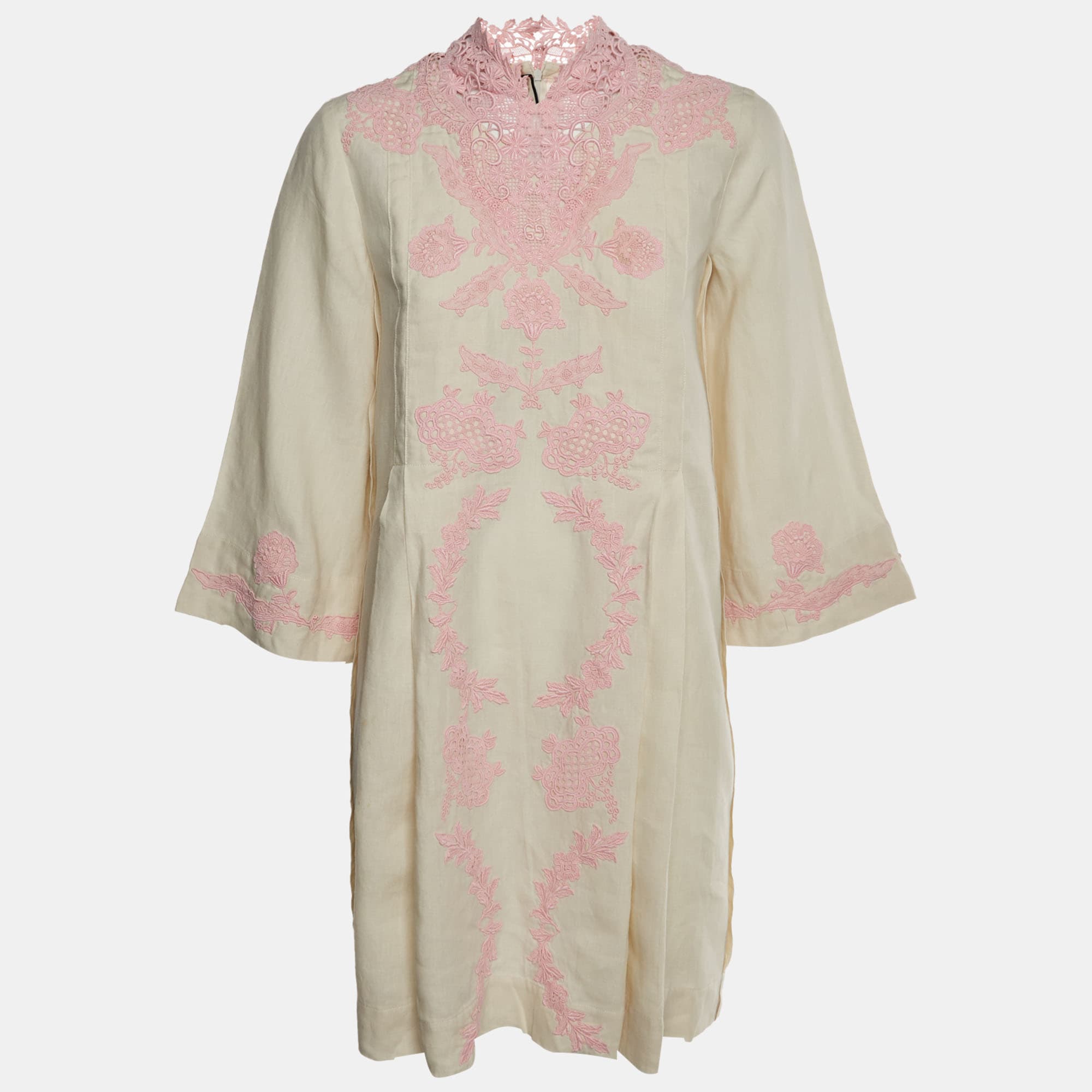 Gucci White/Pink Linen and Lace Kaftan Mini Dress XS
