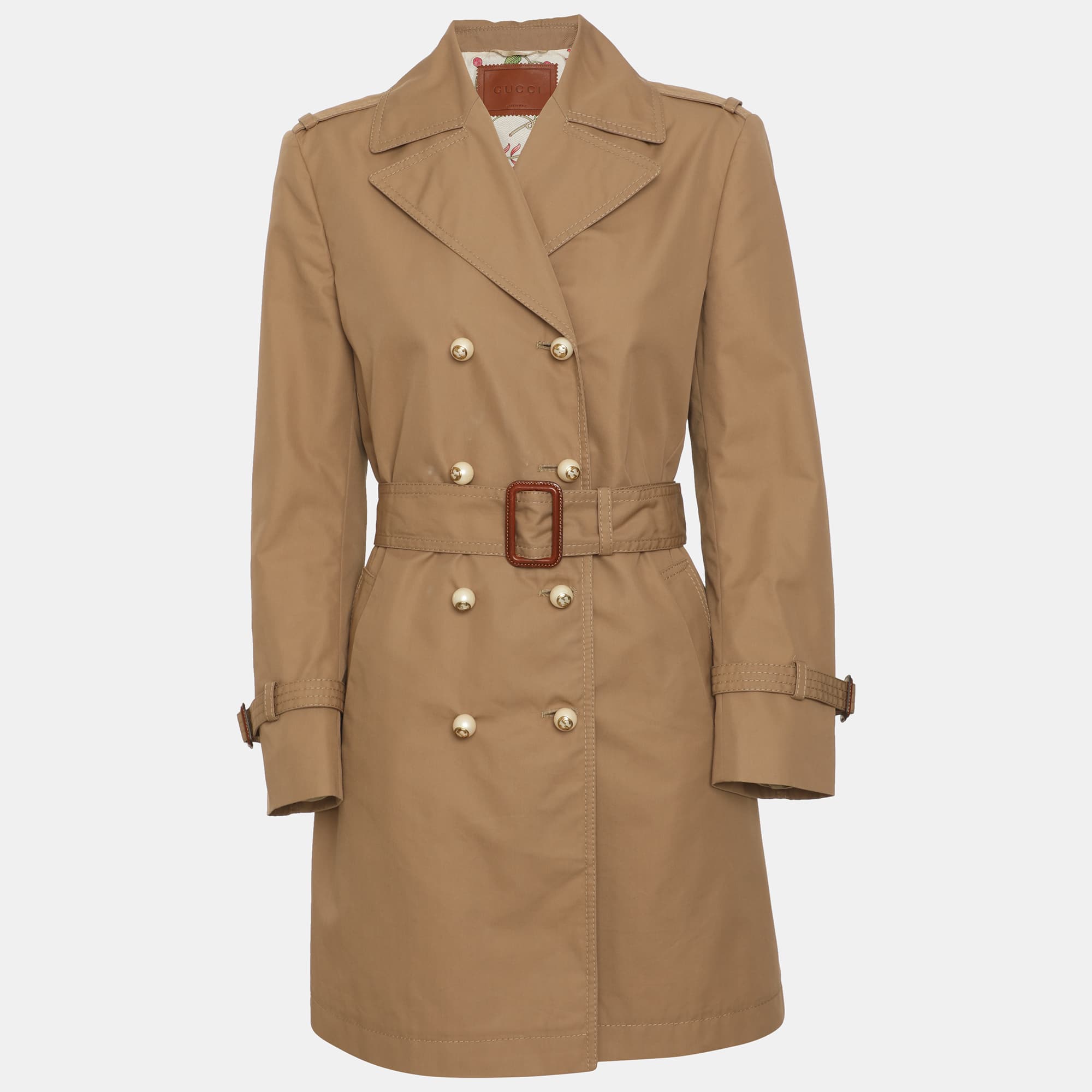 Gucci Beige Gabardine Button Detail Belted Coat S