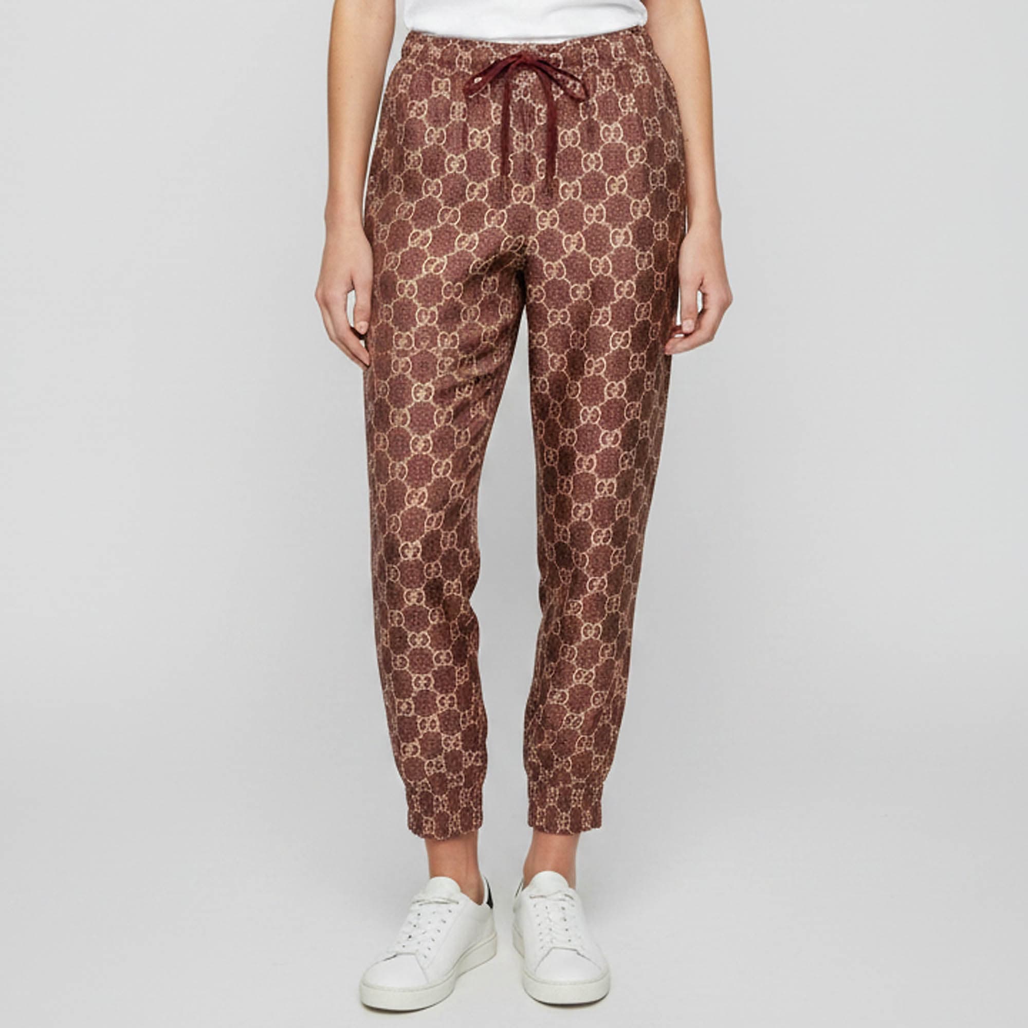 Gucci Burgundy/Beige GG Monogram Silk Joggers S