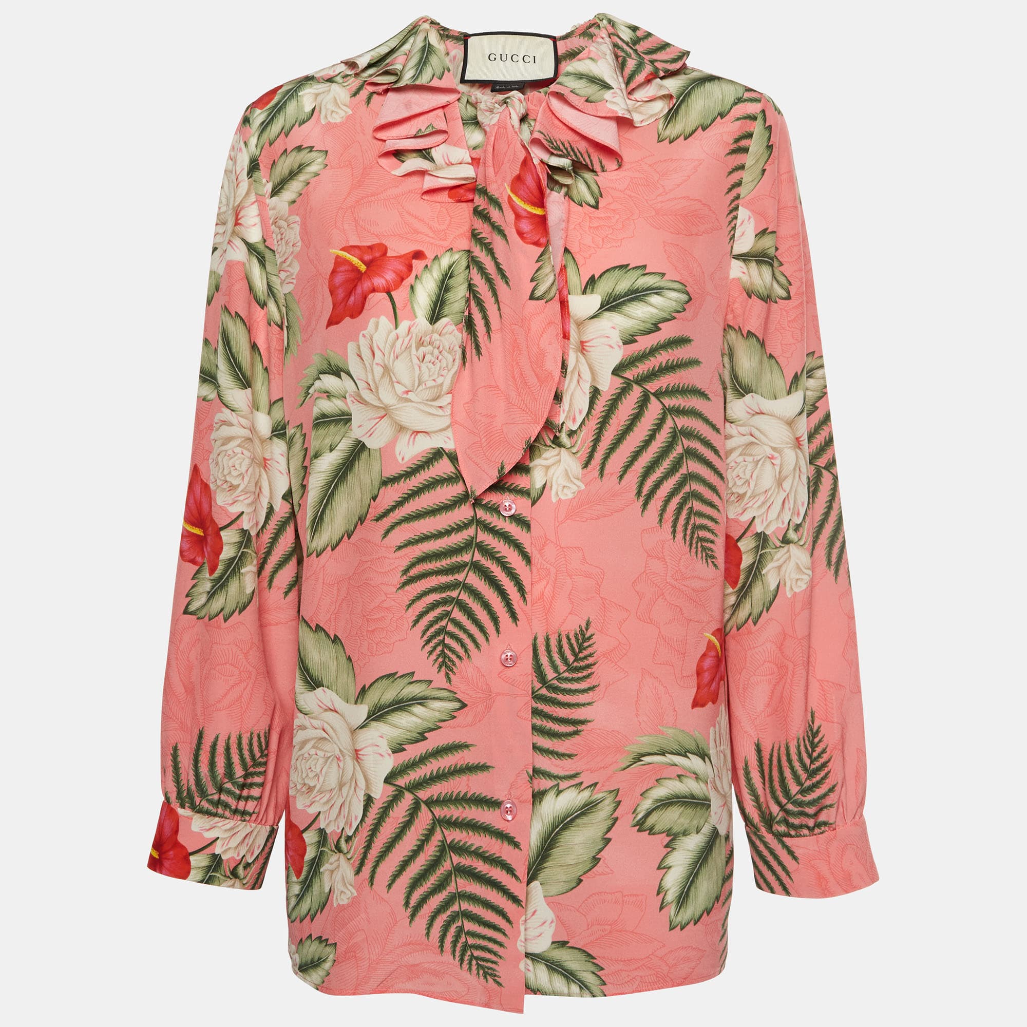 Gucci Pink Floral Print Silk Long Sleeves Blouse M