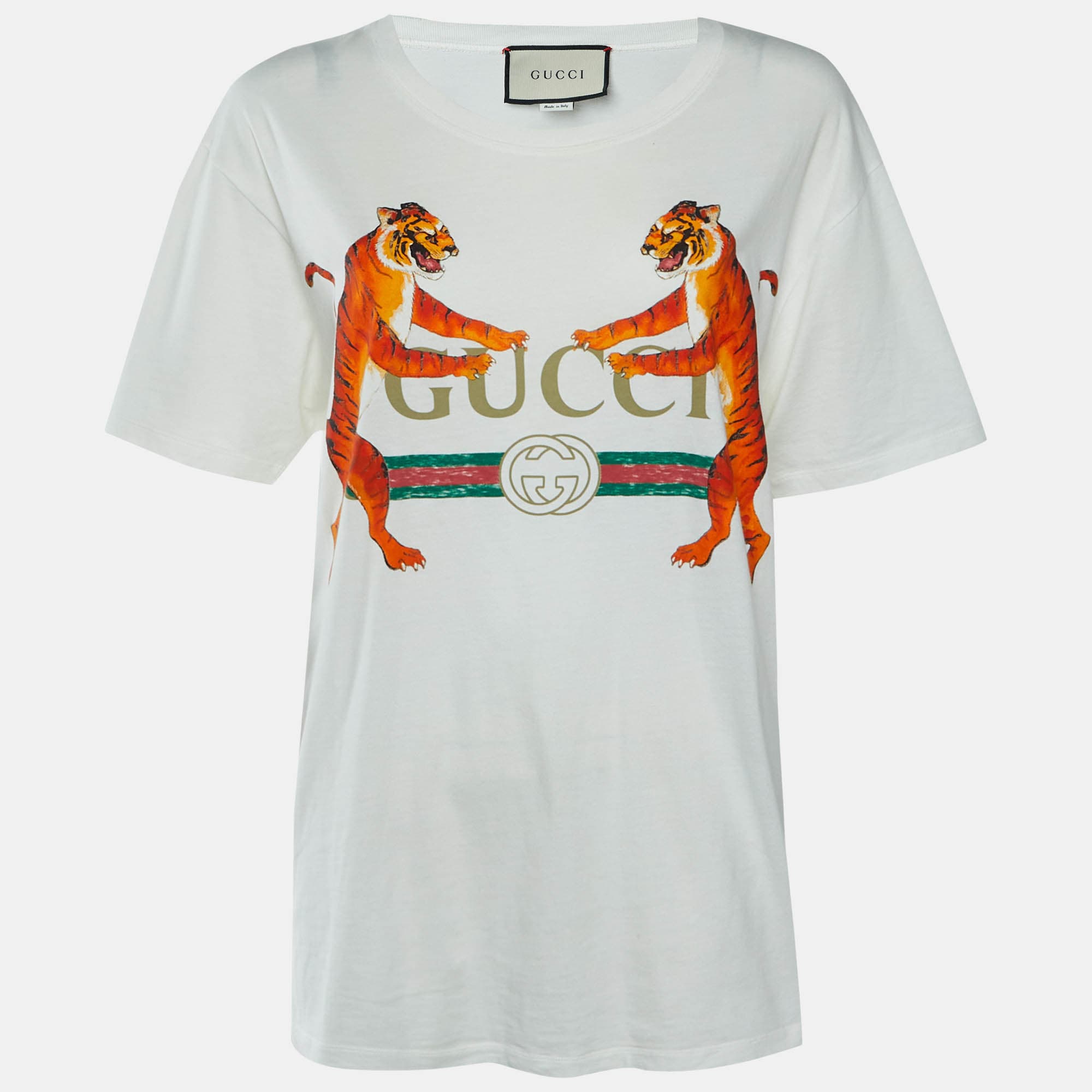 Gucci Off White Logo & Tiger Print Jersey Short Sleeve T-Shirt L