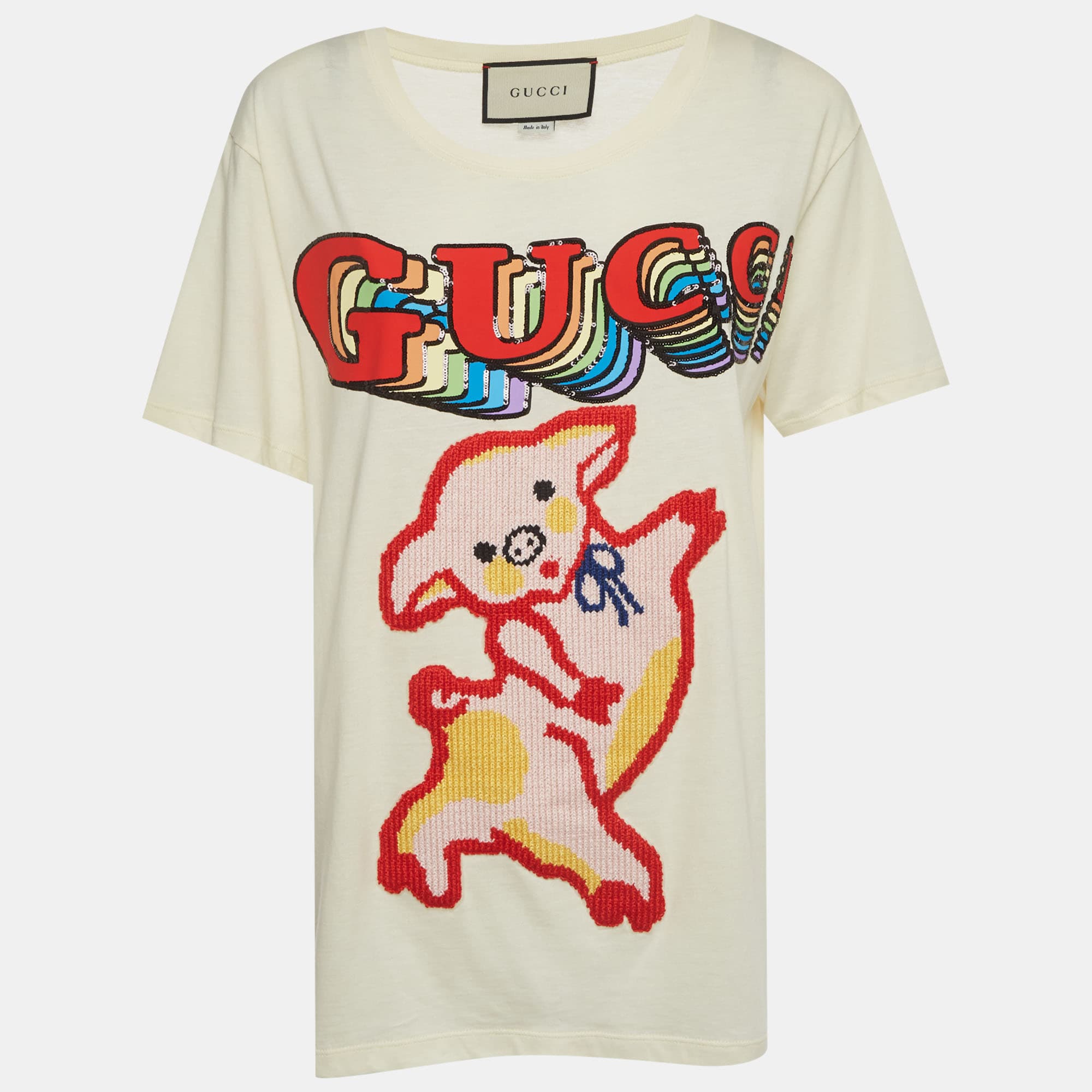 Gucci Cream Logo Detail Pig Embroidered Jersey Oversized T-Shirt S