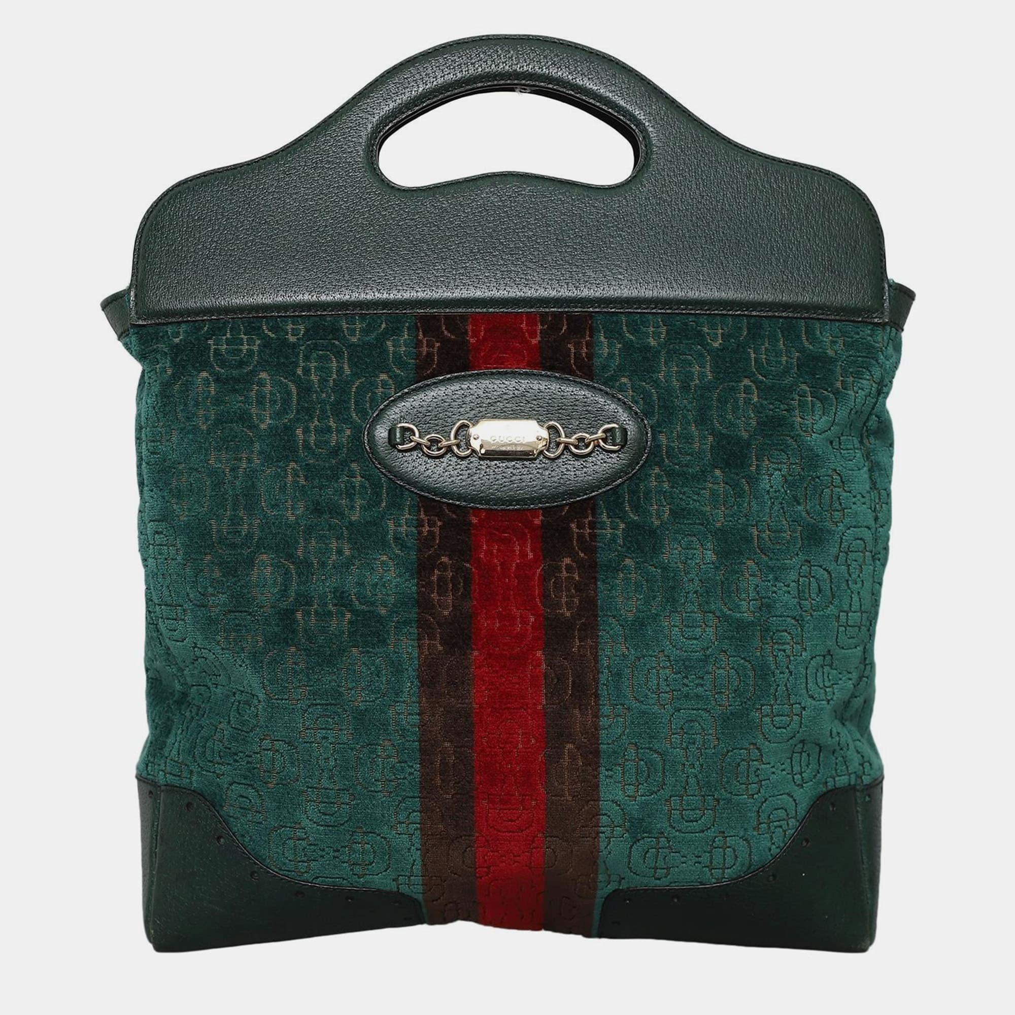 Gucci Horsebit Shopper Bag Small Green Velvet Top Handle Bag