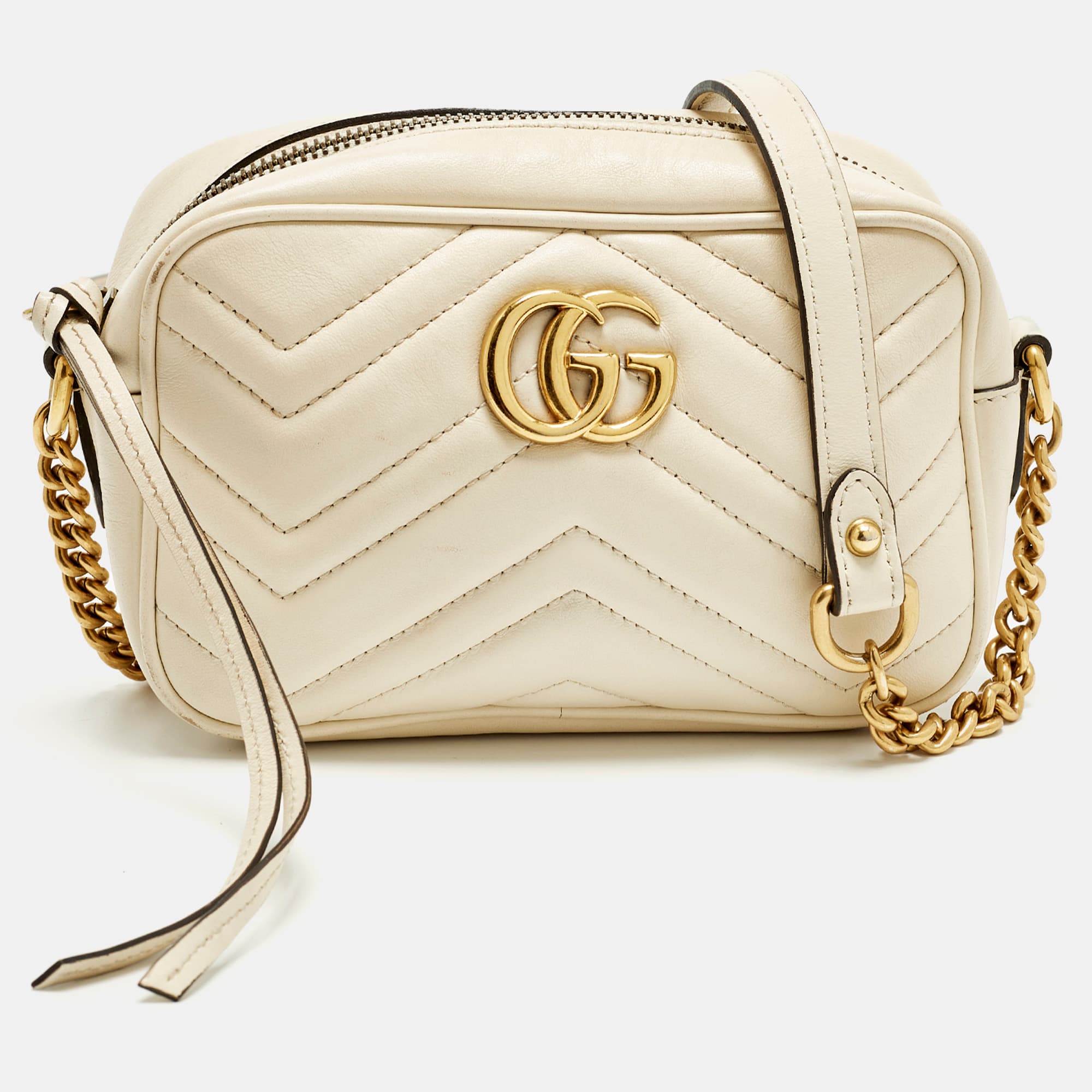 Gucci GG Marmont Mini Off White Matelassé Leather Camera Bag