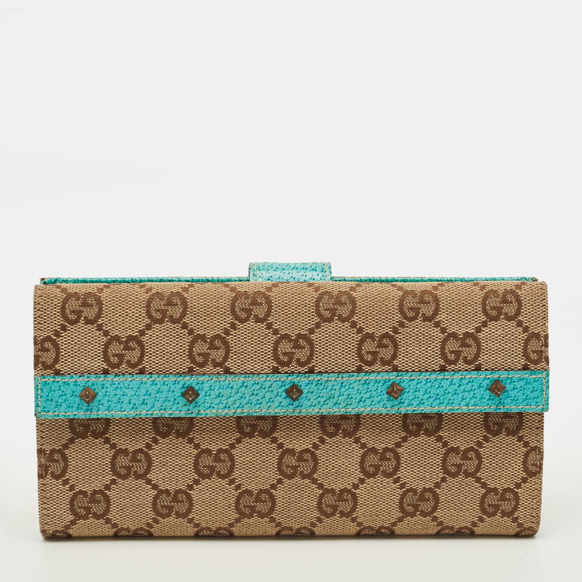 Gucci Studded Flap Beige/Turquoise GG Canvas and Leather French Continental Wallet