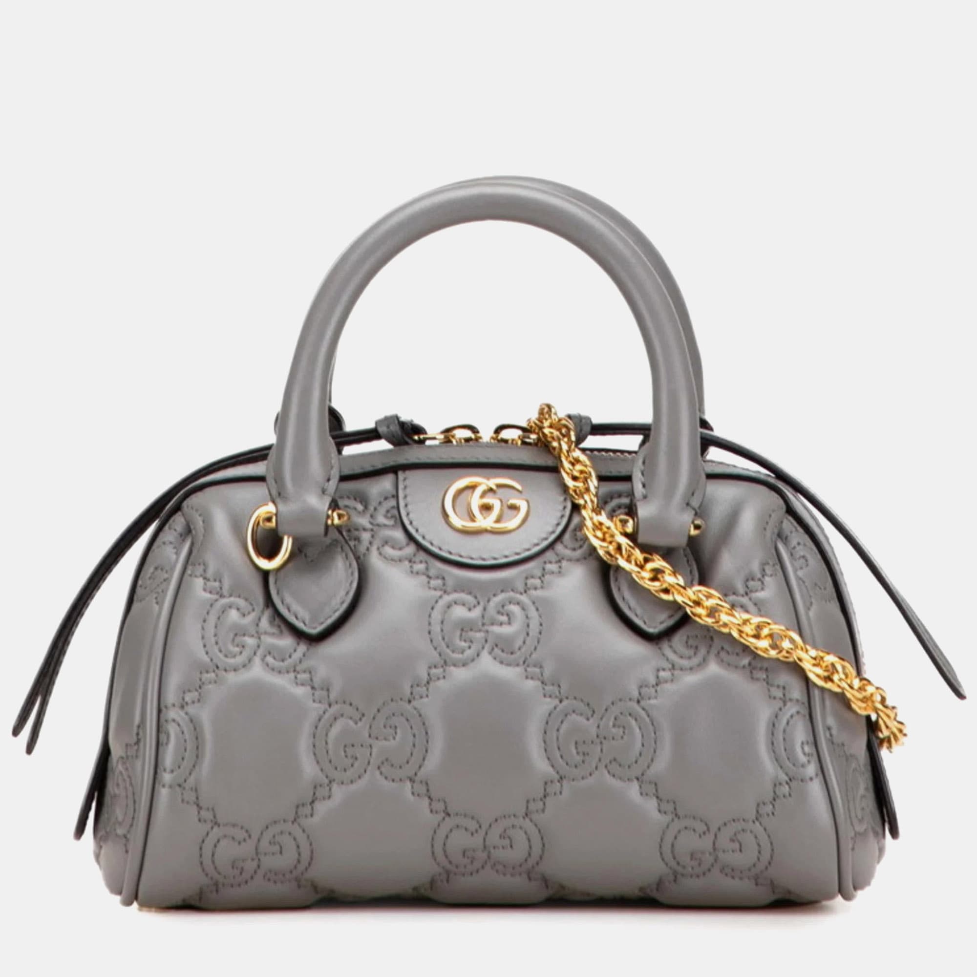 Gucci Gg Matelasse Quilted Mini Boston Bag/Shoulder Bag 2-Way Gray Leather