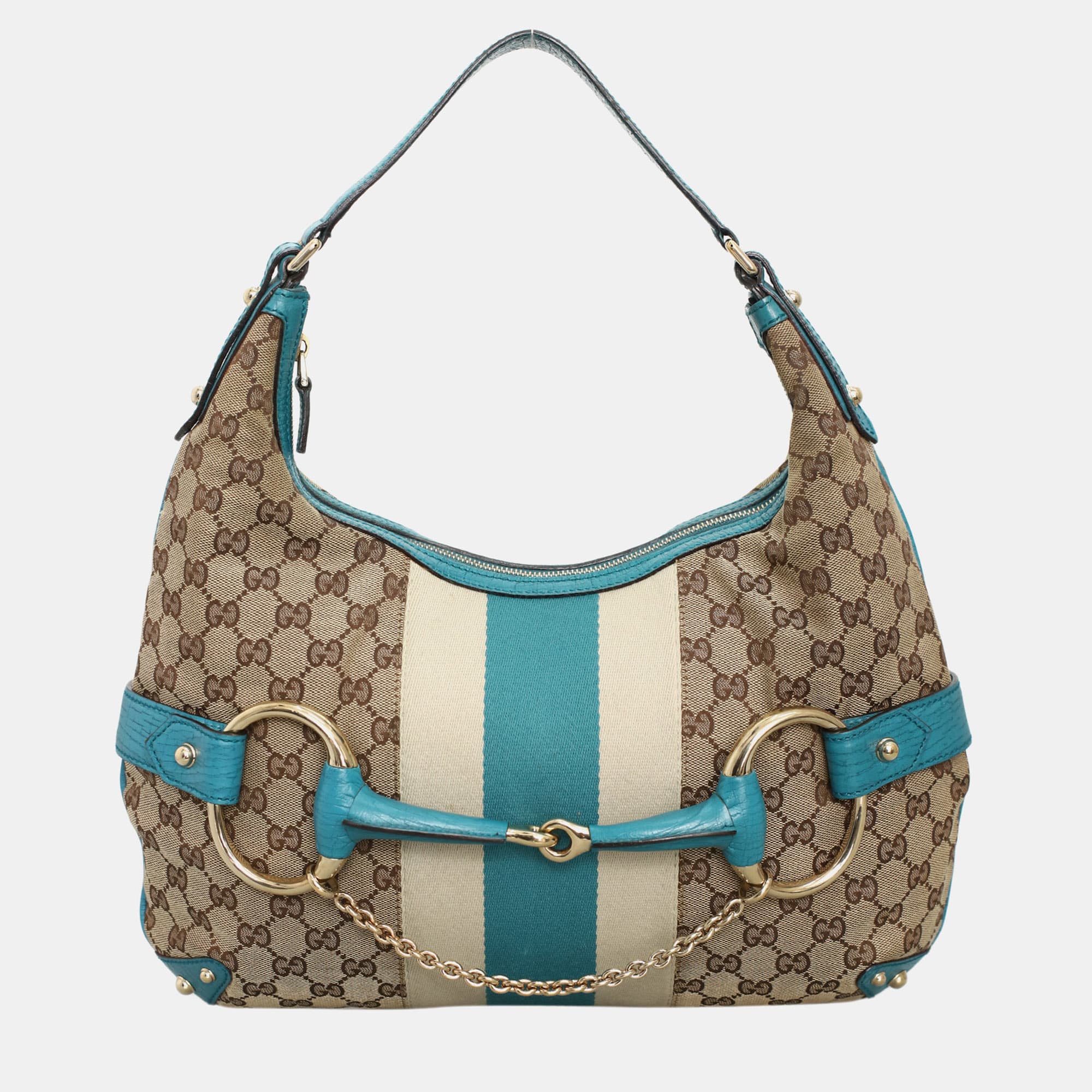 Gucci GG Horsebit Medium Teal Canvas Leather Shoulder Bag