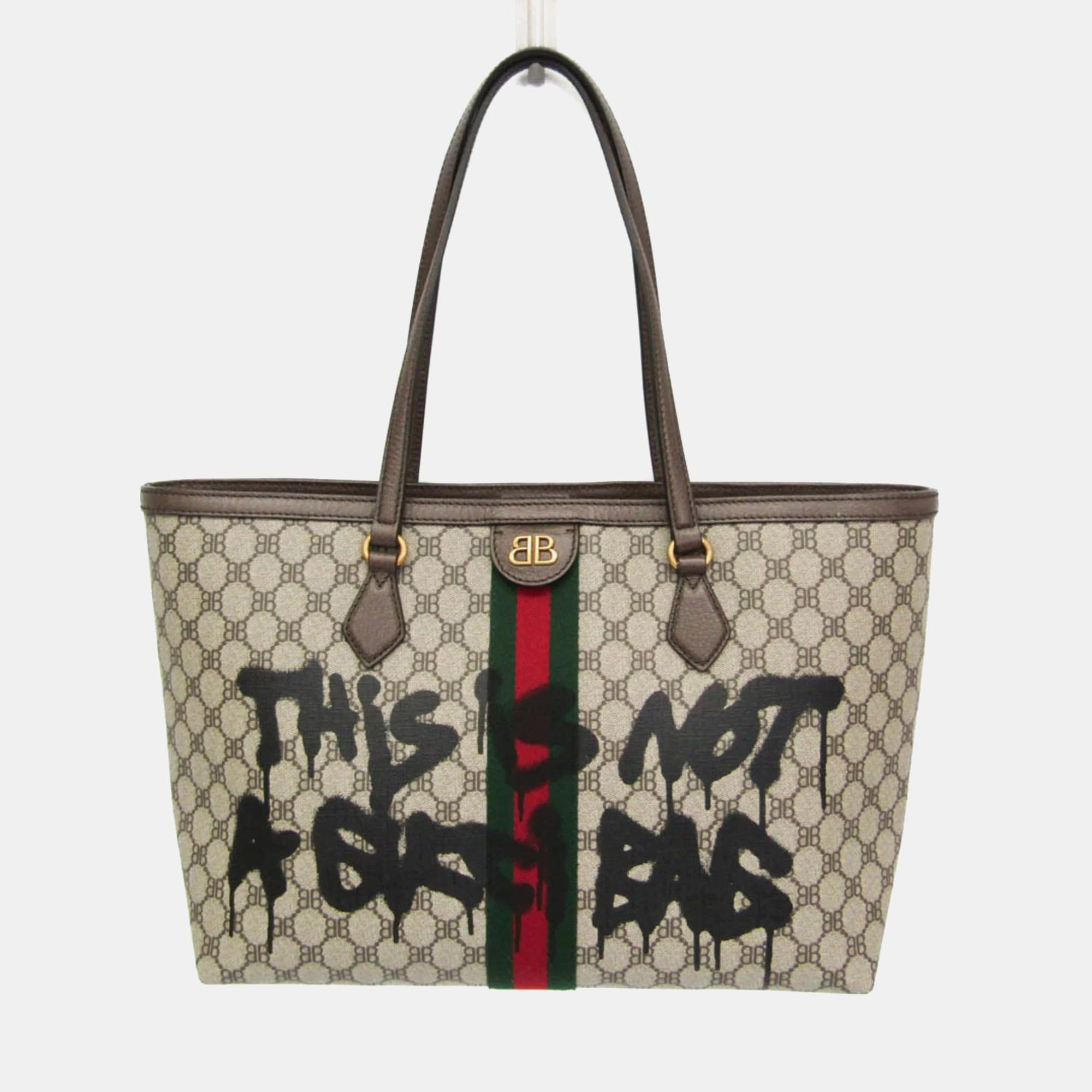 Gucci GG Supreme Beige Brown Coated Canvas Leather Tote Bag