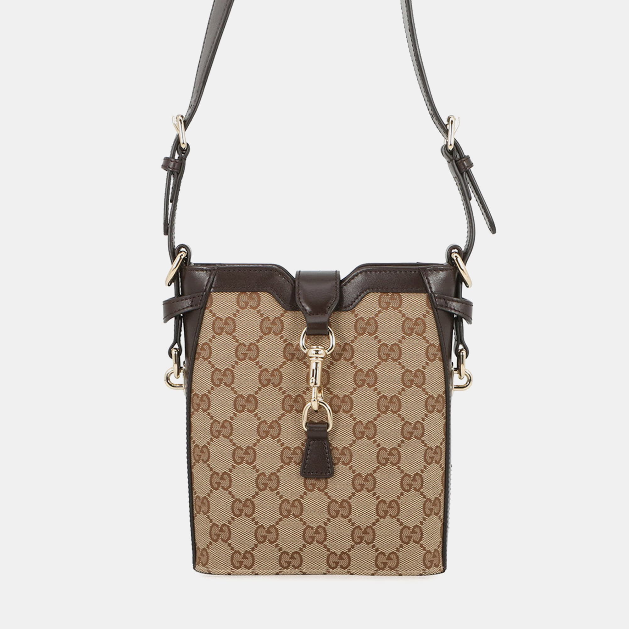 Gucci Jackie Mini Beige Brown GG Canvas Leather Crossbody Bag