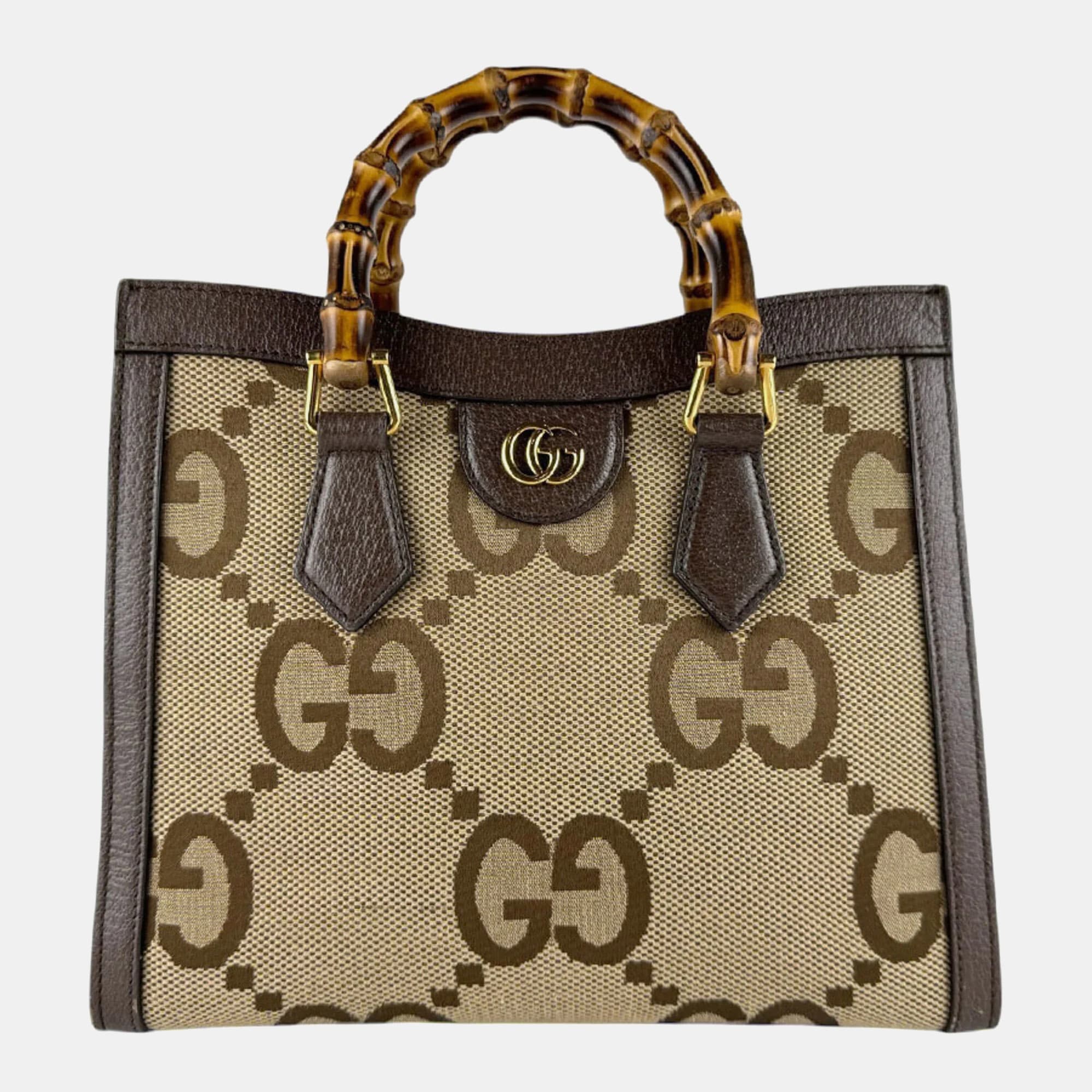 Gucci Diana Small Beige Jumbo GG Canvas Brown Leather Bamboo Top Handle Bag