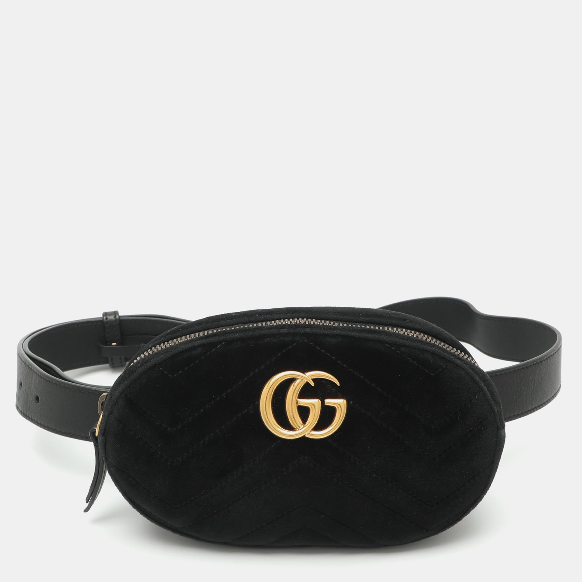 Gucci GG Marmont Mini Black Matelassé Leather and Velvet Belt Bag