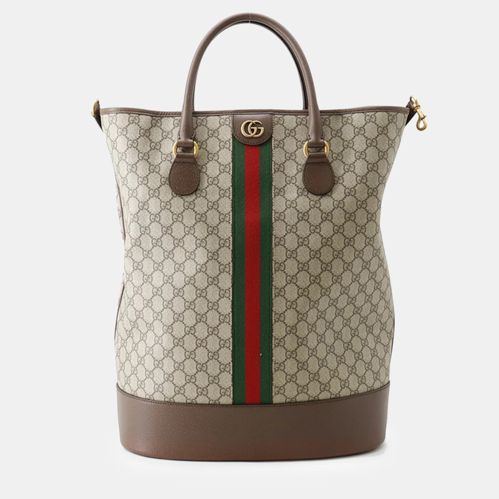 Gucci Ophidia Savoy Duffle Bag Beige GG Supreme Canvas Brown Leather Top Handle Bag