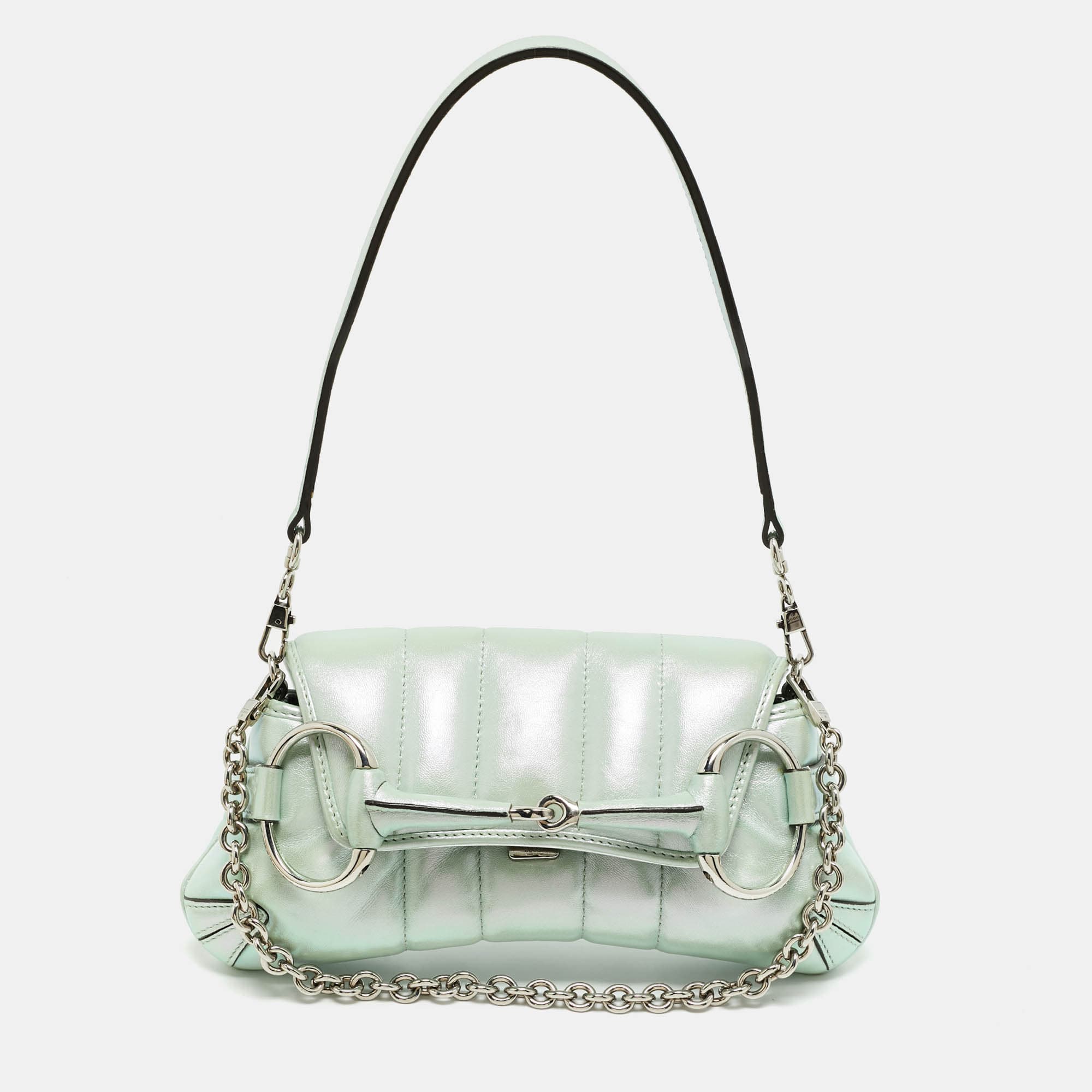 Gucci Horsebit Chain Iridescent Light Green Vertical Quilt Leather Shoulder Bag