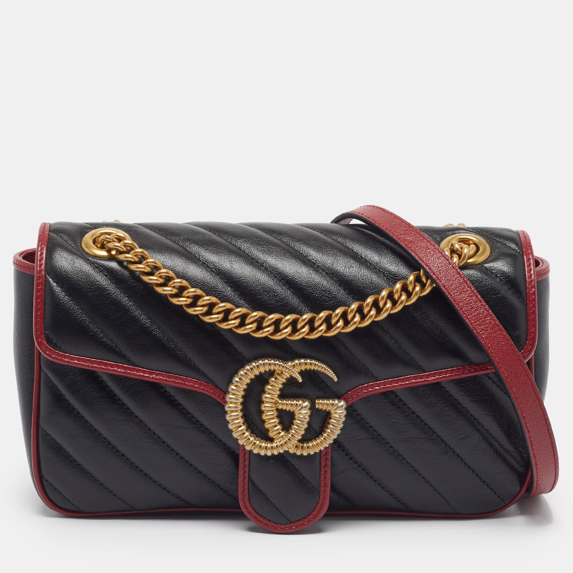 Gucci GG Marmont Torchon Flap Medium Black/Red Diagonal Quilt Leather Shoulder Bag