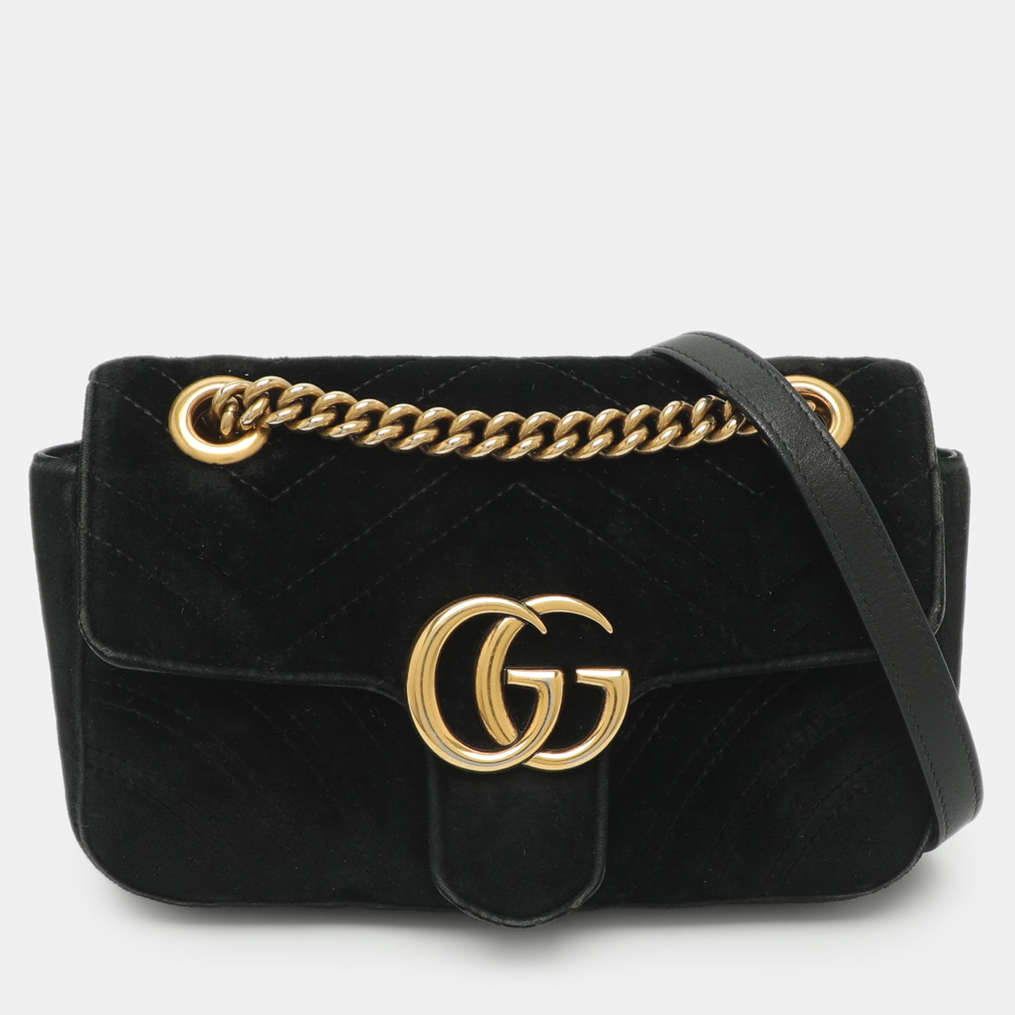 Gucci GG Marmont Small Black Matelassé Velvet Flap Shoulder Bag