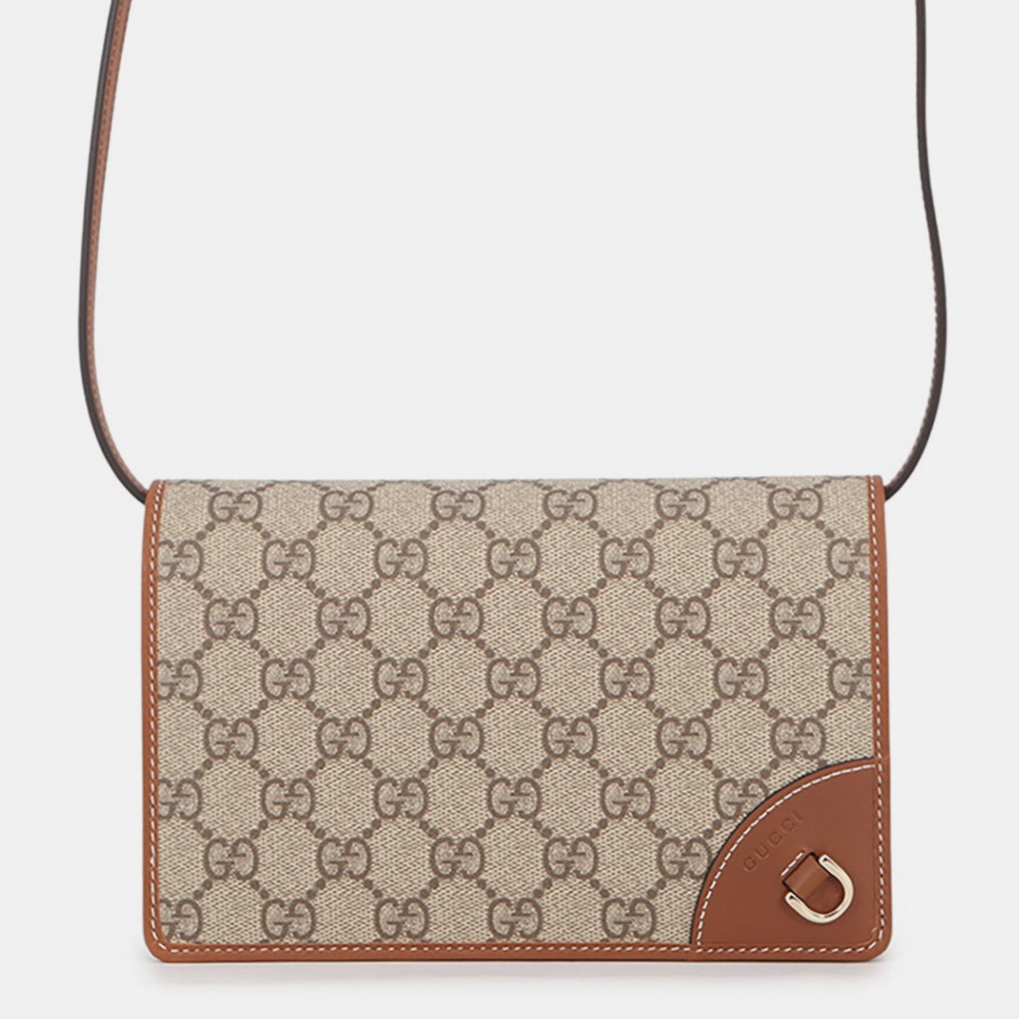 Gucci GG Emblem Wallet On Chain Small Beige Ebony GG Supreme Canvas Brown Leather Shoulder Bag