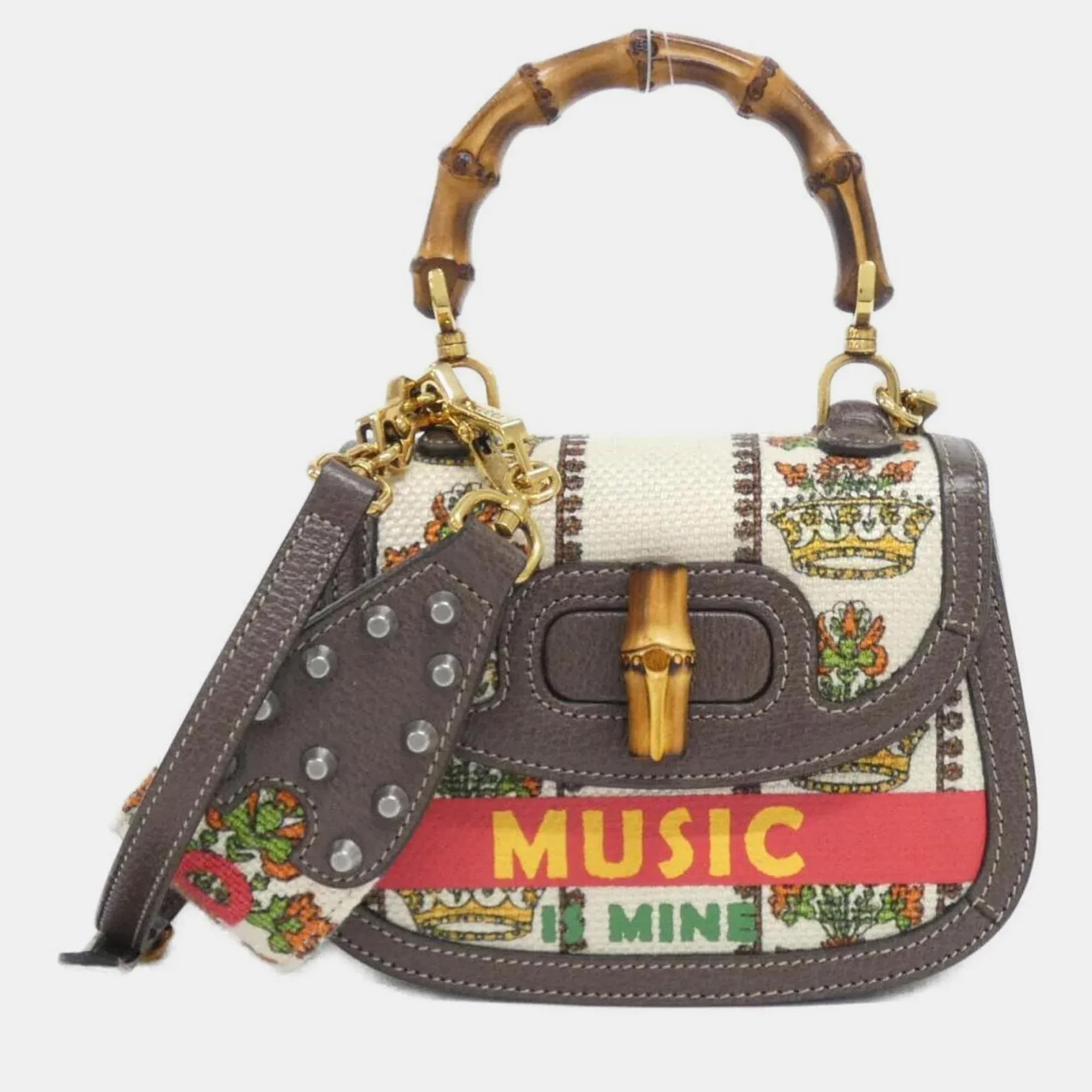 Gucci 100 Centennial Music 100th Anniversary Medium Bamboo 1947 Top Handle Bag Multicolor Canvas Leather Bag