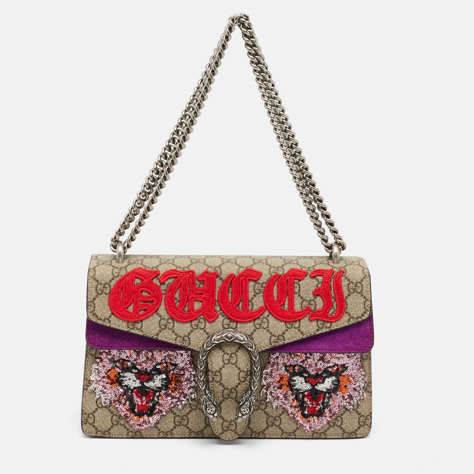 Gucci Dionysus Embroidered and Sequins Small Beige/Purple GG Supreme Canvas and Suede Shoulder Bag