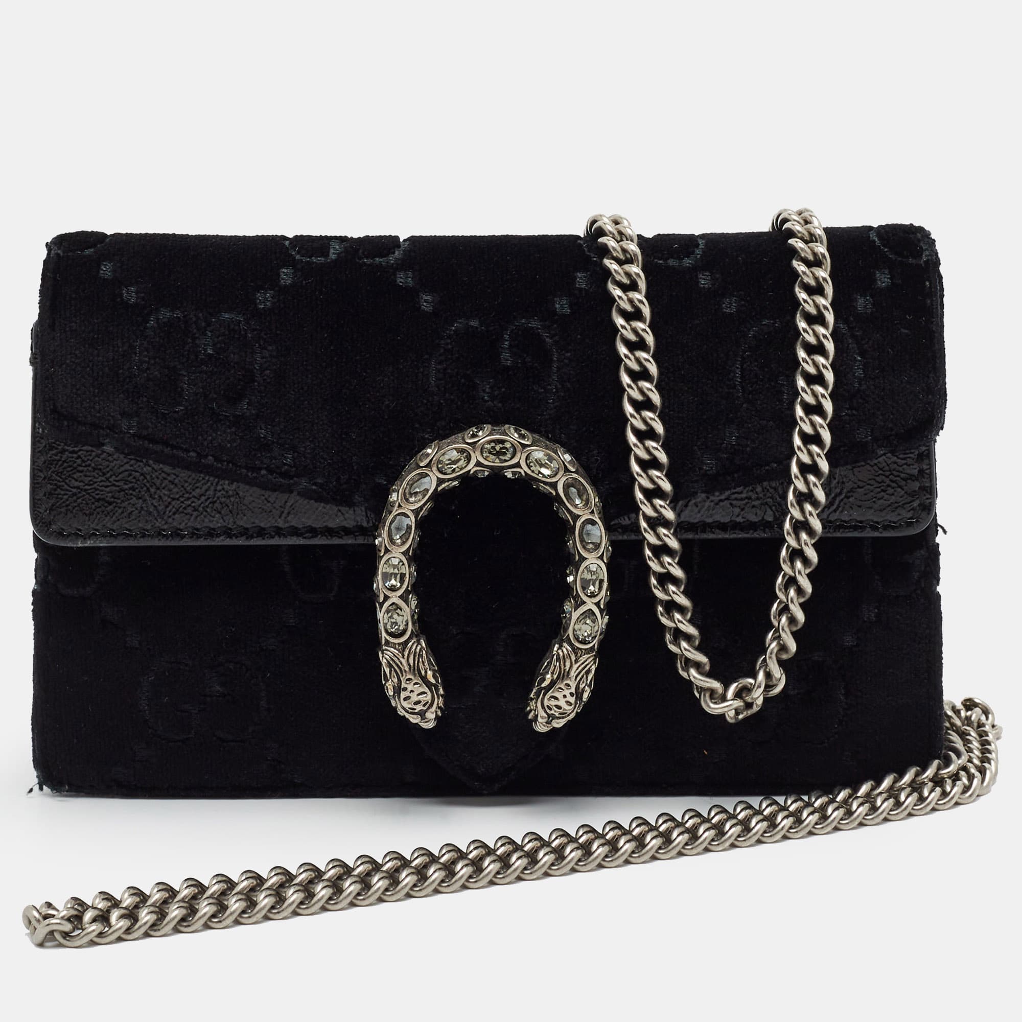 Gucci Dionysus Crystal Super Mini Black GG Velvet and Patent Leather Shoulder Bag