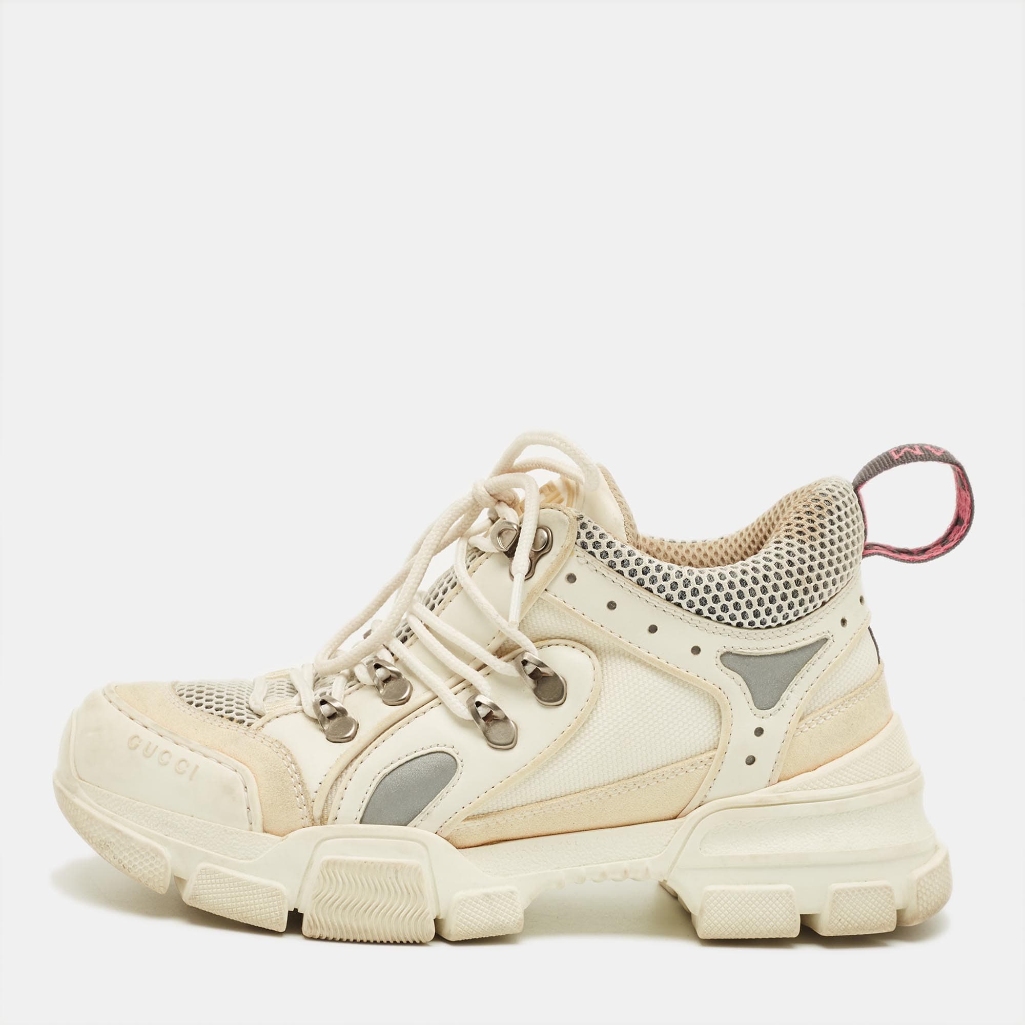 Gucci White/Grey Leather and Mesh Flashtrek Lace Up Sneakers Size 37