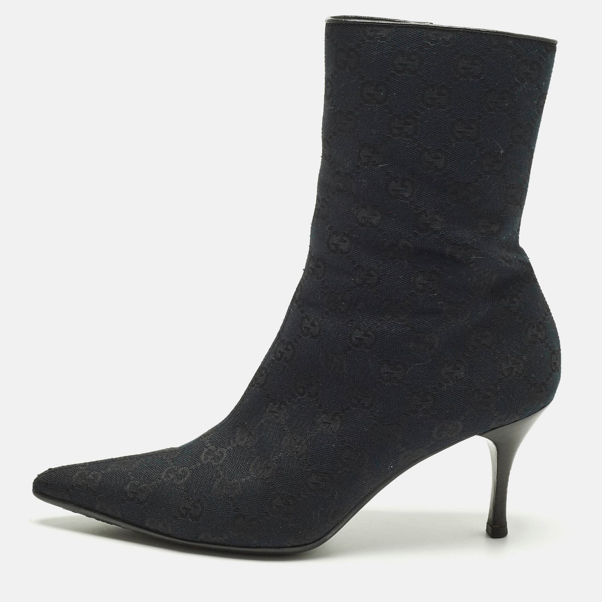 Gucci Navy Blue/Black GG Canvas Pointed Toe Ankle Length Boots Size 39