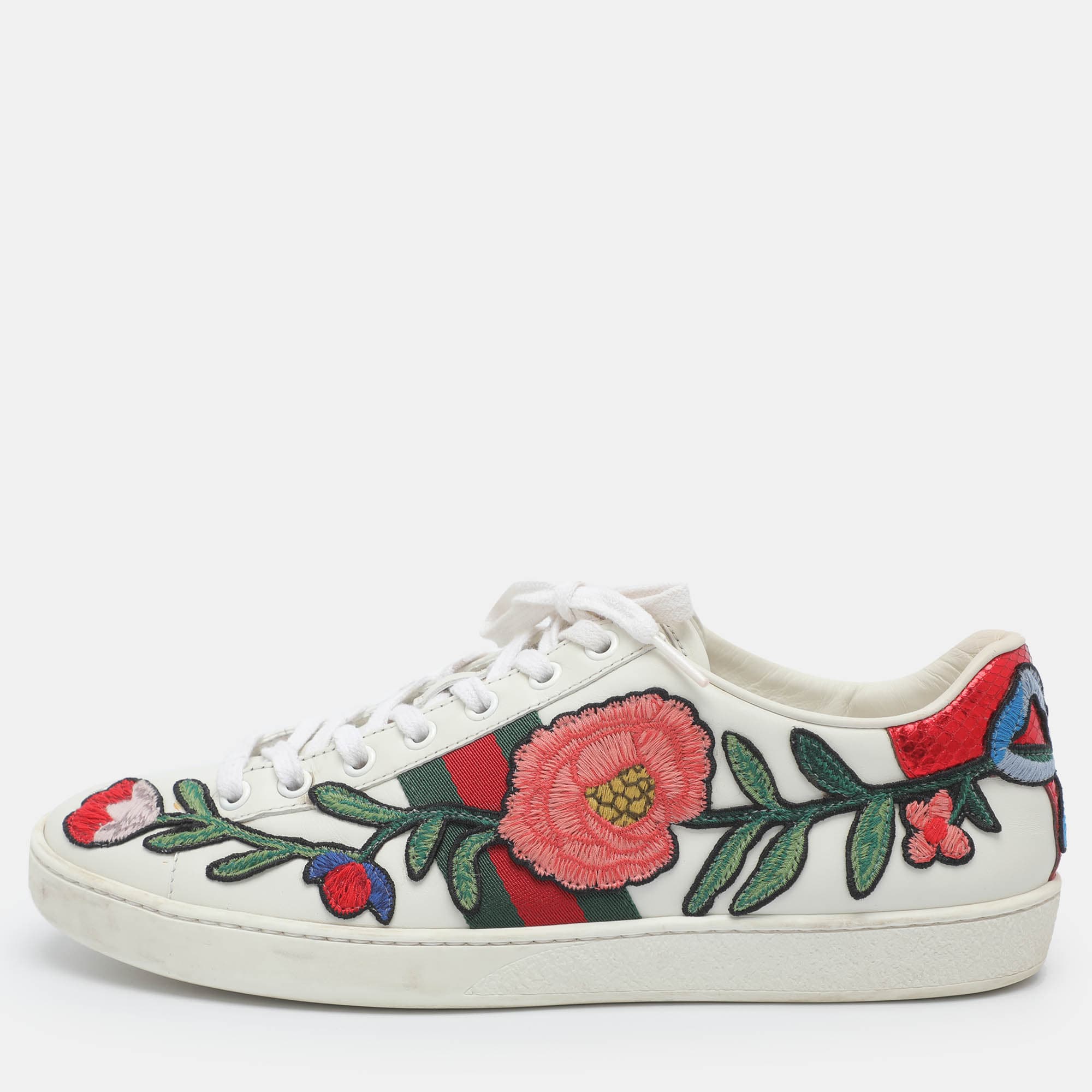 Gucci Ace Floral Embroidered Size 39.5 White Leather Low Top Sneakers