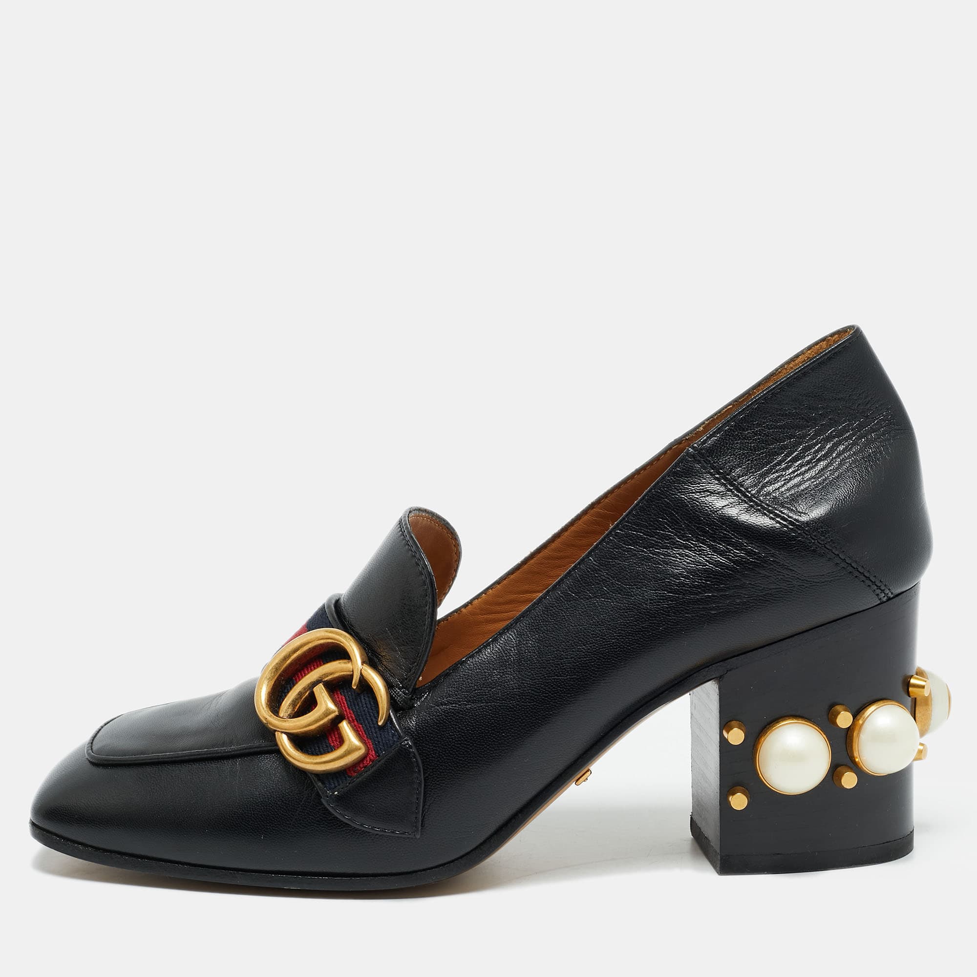 Gucci Peyton Pearl Embellished Size 37 Black Leather Loafer Pumps