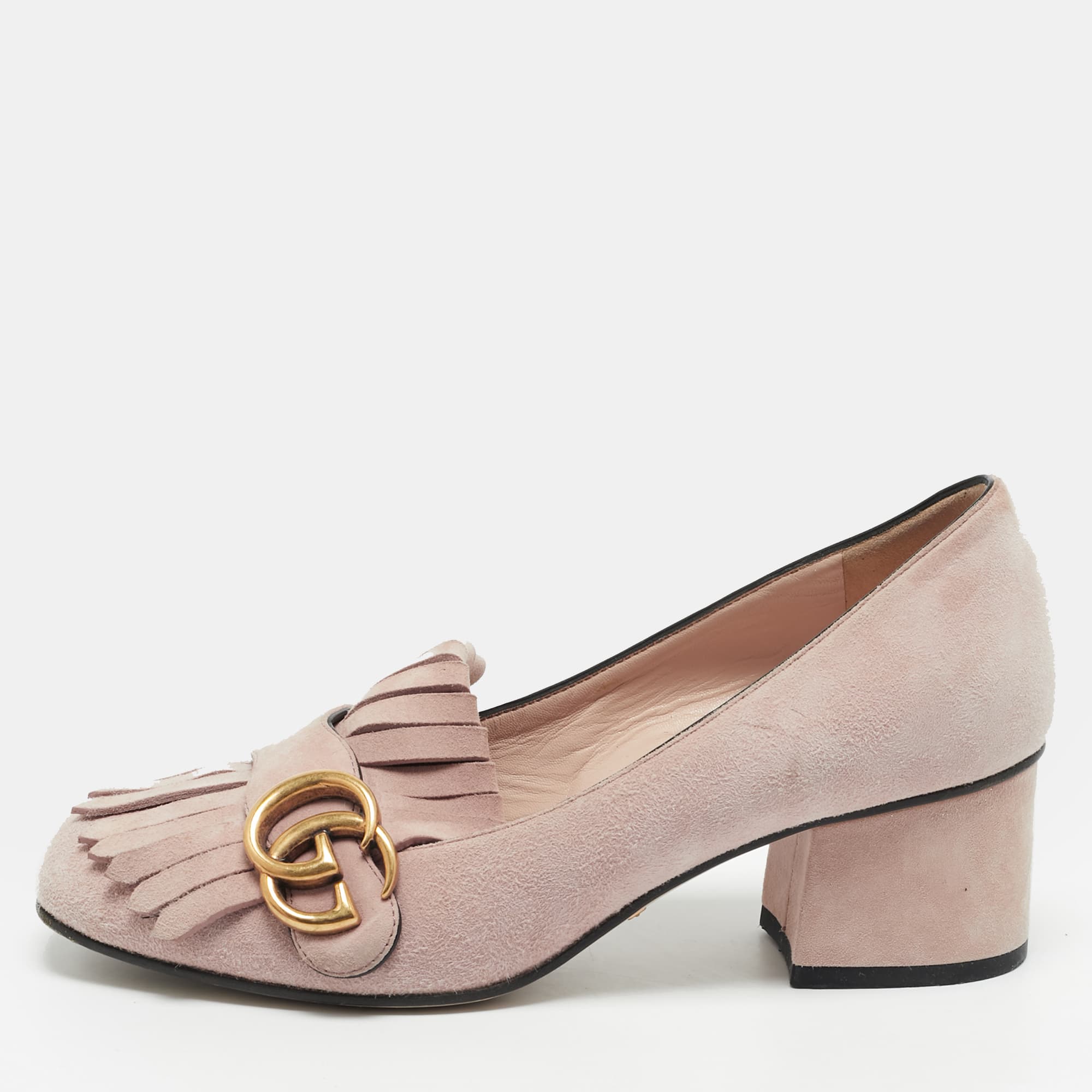 Gucci GG Marmont Size 36 Pink Suede Block Heel Pumps
