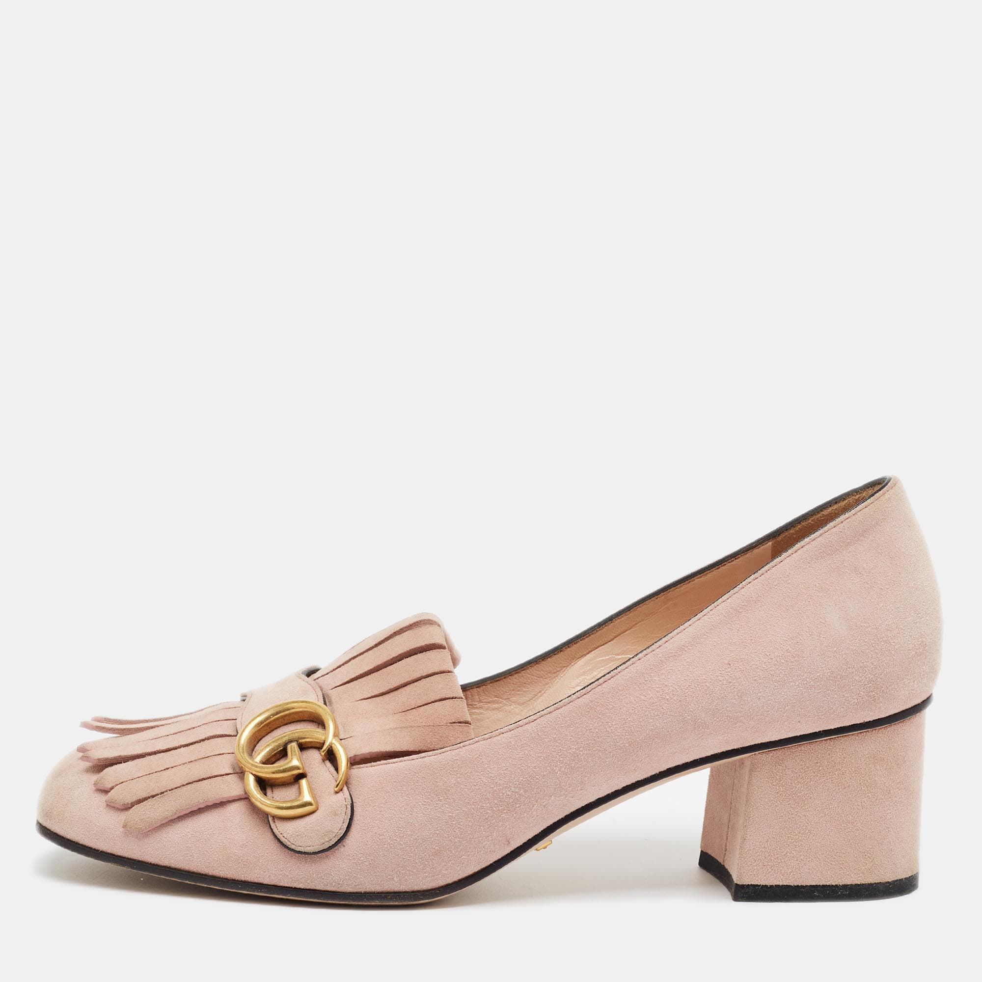 Gucci GG Marmont Size 41 Pink Suede Block Heel Pumps