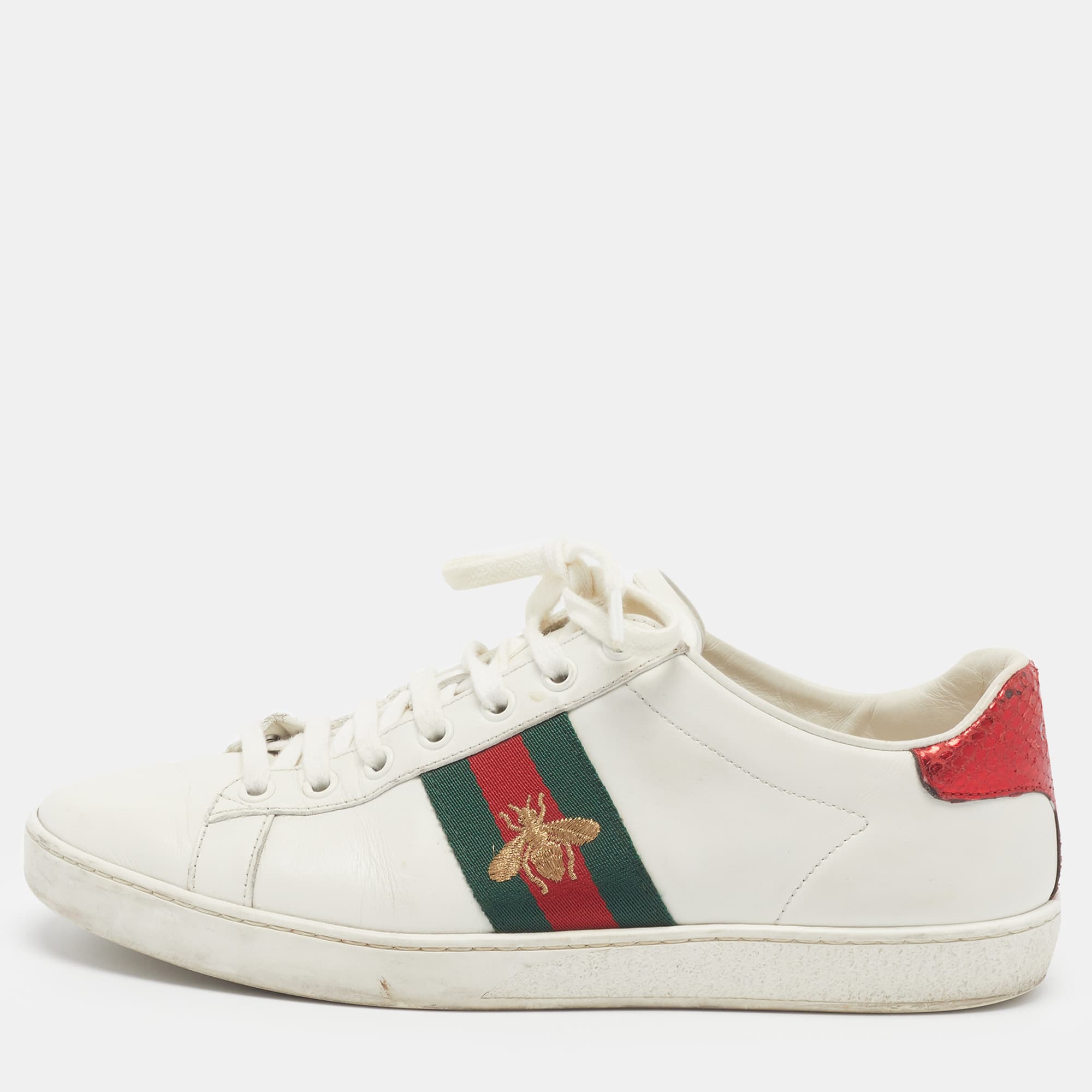 Gucci Ace Size 38 White Leather and Python Embossed Leather Lace Up Sneakers
