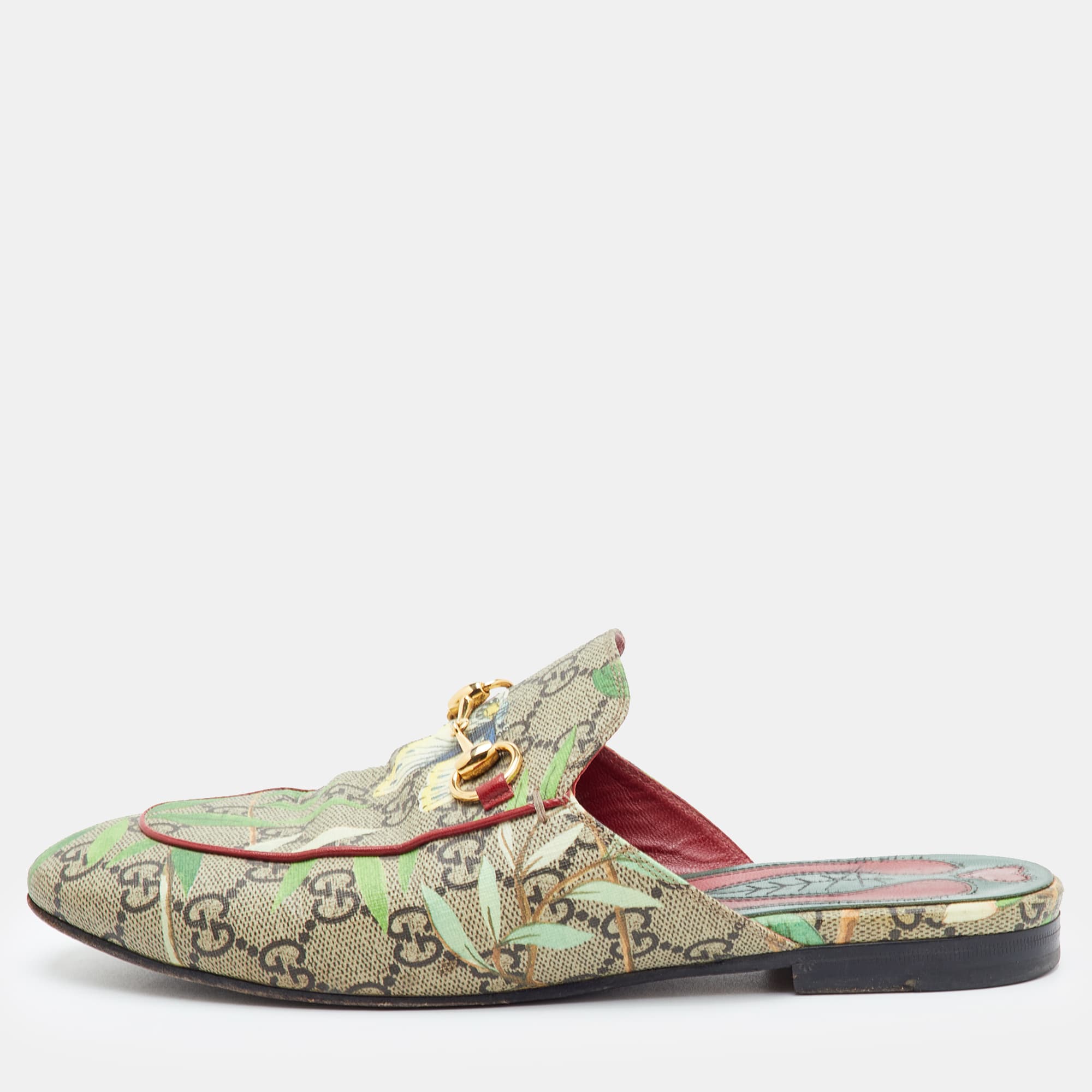 Gucci Princetown Size 37.5 Multicolor GG Supreme Canvas Horsebit Flat Mules